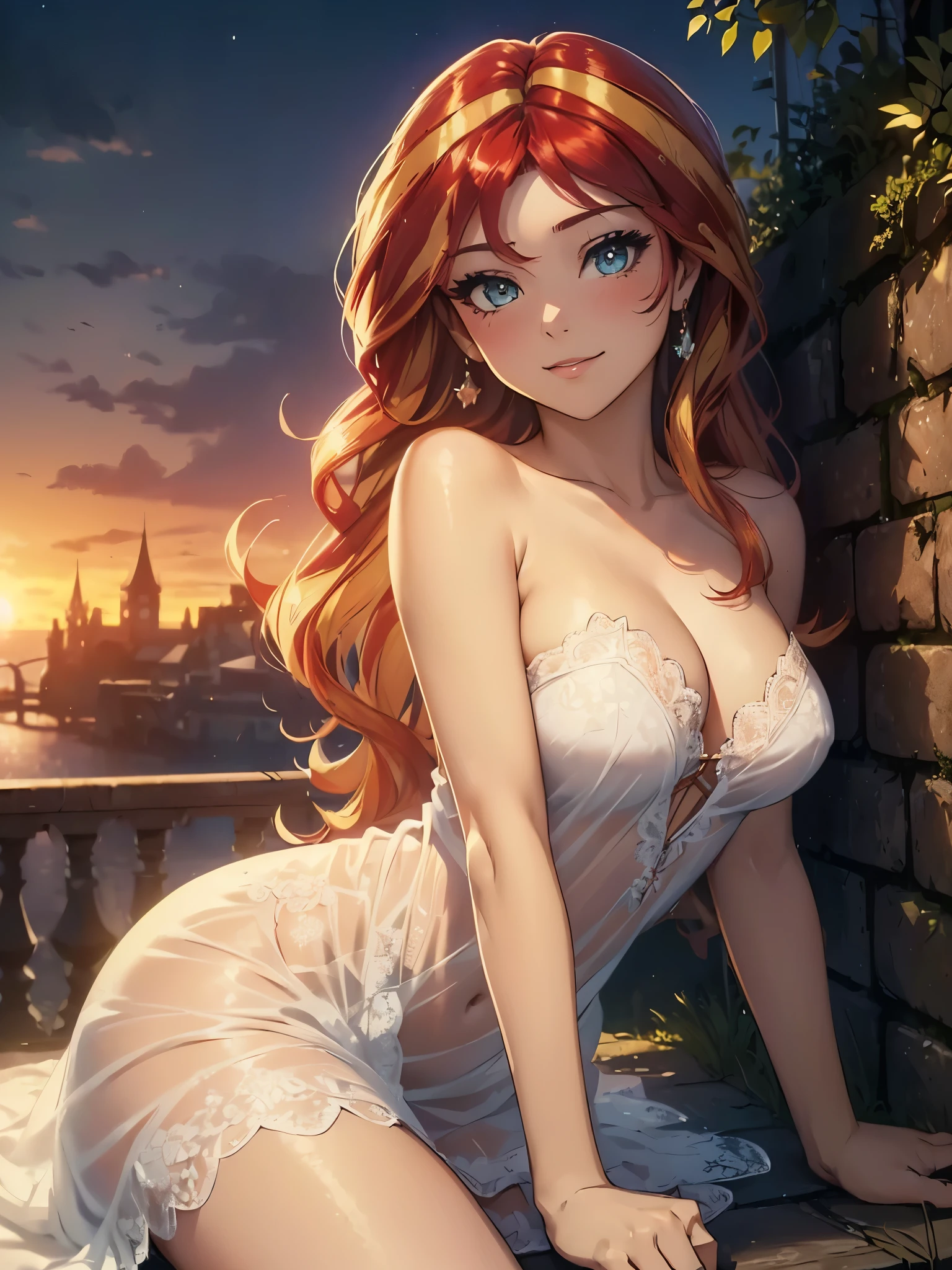 ((sunset shimmer)), (masterpiece:1.2, best quality), realistic, (real picture, intricate details, depth of field), (1girl, solo), full body shot, highly-detailed, gorgeous perfect face, (skindentation), beautiful eyes, sexy, (Adult Temptress), (Seductive dynamic pose), Lustful gaze, Sultry Woman, Temptation, (((short white nightgown)), ((nighttime, outside, royal castle, castle grounds)), (sitting on garden wall), (bare shoulders), ((strapless)), fully in love, blushing, looking at viewer, confident smile, ((visible areola)), full body shot
