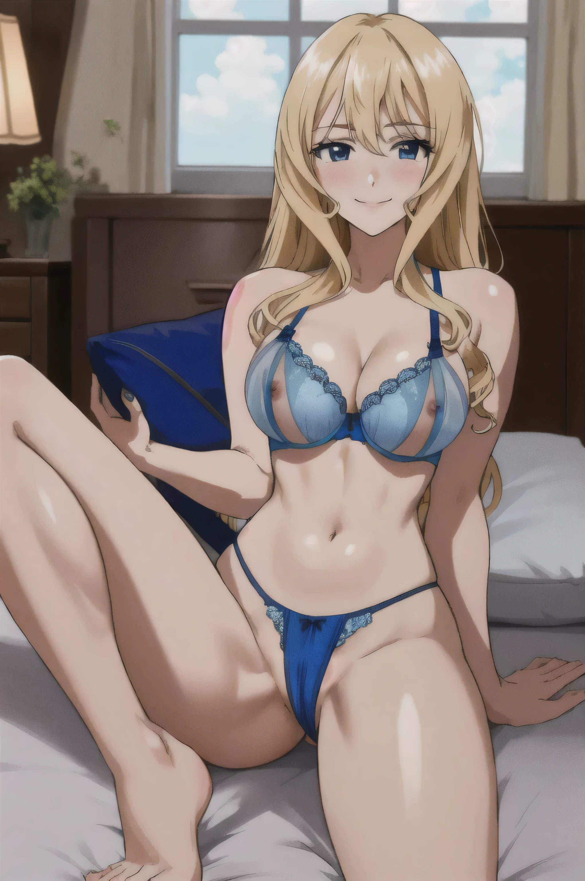 Cecilia Alcott,1 girl, alone, blonde hair,long hair, blue eyes, drill hair,big breasts,cleavage,NSFW,(blue bra, transparent:1.5), (blue panties, transparent:1.5), sensual visual, estrus smile, full body shot, lie down and pause, (open your legs:1.5, M shape), (room, bedroom, on the bed, pink sheets, Heart-shaped pillow), beautiful feet, ((masterpiece)),((最high quality)),Super detailed,enlightenment,explicit,beautiful body,beautiful nose,beautiful character design,perfect eyes,perfect face,wallpaper,超High resolution,4k,photograph,(beautiful face:1.2),beautiful feet,perfect legs,shiny skin,NSFW,official style,official art,anime screenshot,anime coloring book,high quality_Anime image quality, High resolution, 8k, focus on the chest, remove color noise, blur the background,