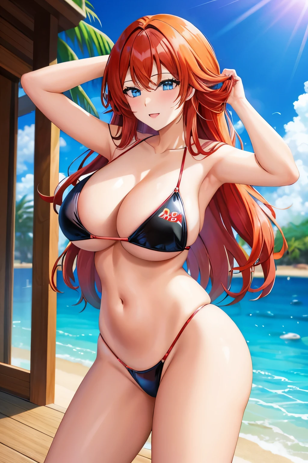 Rangiku Matsumoto with red hair and a bikini verde top posing for a picture, amoranto, better known as amoranto, young beautiful amoranto, amoranto as a super villain, diminuto bikini, chica pelirroja, artgasm, 🐎🍑, bikini realista, Abigail de Stardew Valley, bikini model, chica sexy, bikini verde