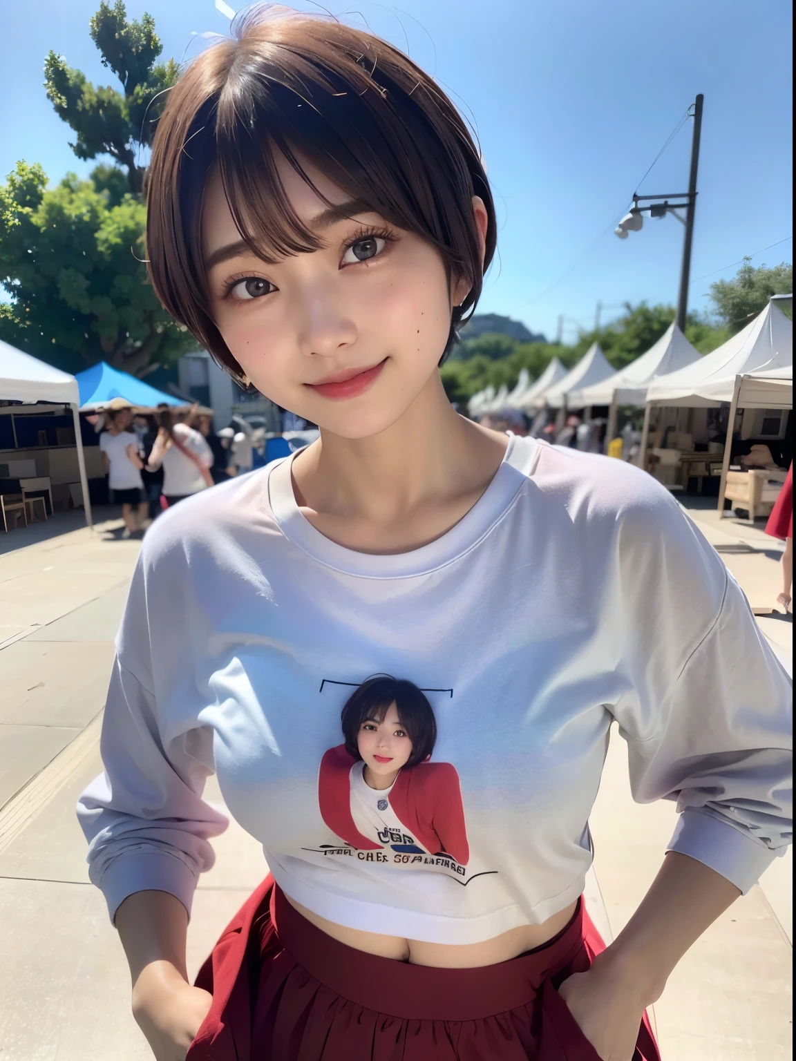((highest quality))、(masterpiece:1.4)、Raw photo、8k、((best image quality))、 ((High resolution))、Beautiful face in every detail、realistic human skin、gentle expression、(one woman:1.3 )、realistic、Photoreal、(extra belly short hair:1.4)、(Beautiful woman)、(cute japanese girl)、(boyish:1.35)、((mannish))、((Beautiful woman))、(beautiful hair)、((dark brown hair))、(((red cheeks)))、((sheの目は大きいです))、20 year old beauty、(sheの顔は小さいです:1.7)、small head、((long neck))、white skin、spotless skin、With bangs、Everyone longs for、日本のBeautiful woman、Eight-headed height、(((date)))、((she))、(necklace)、(music festival:1.4)、blue sky、looking at camera、(concert t-shirt)、smile、(oversized clothes:1.3)、happy look、