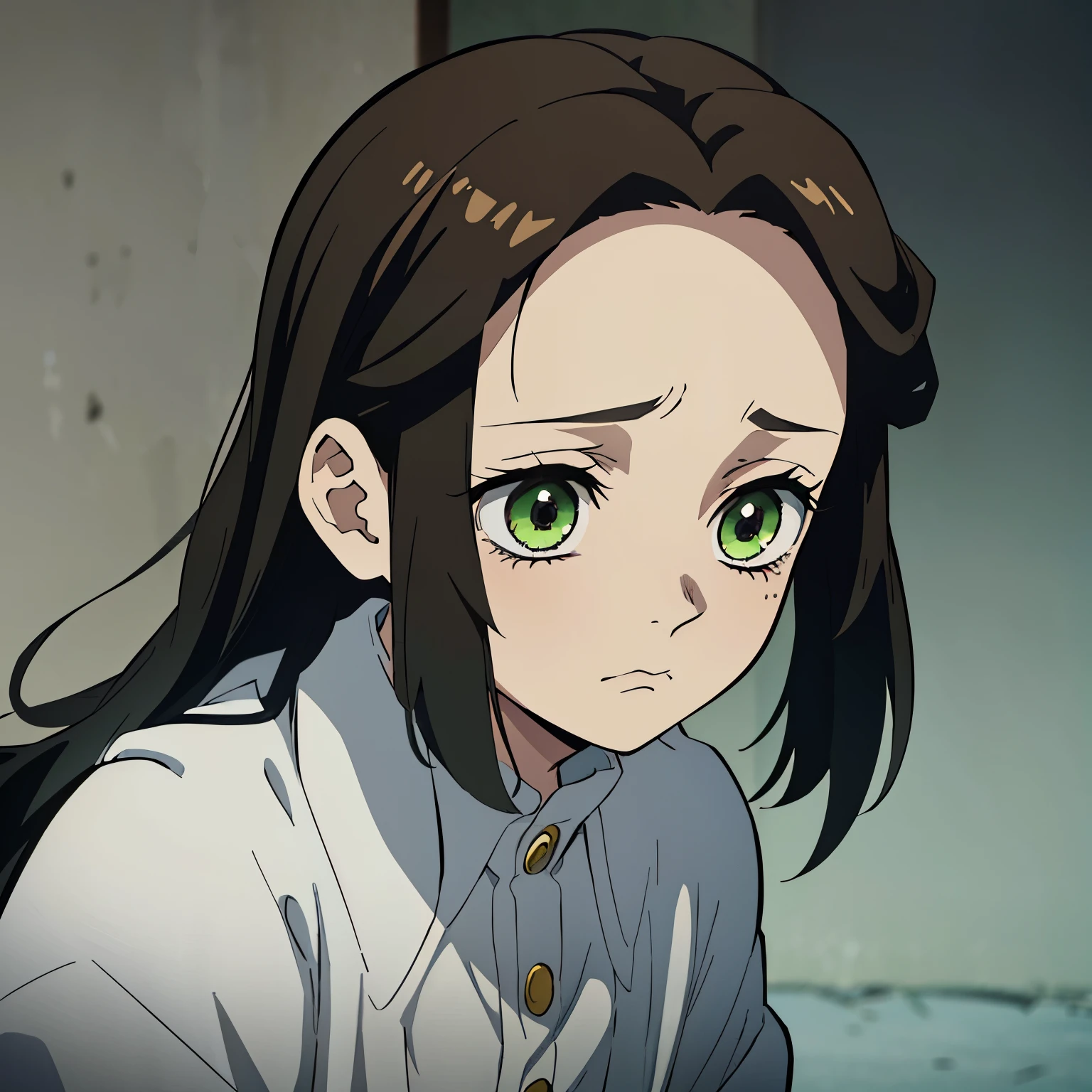 In the style of Kimetsu no Yaiba, anime, a girl with long brown hair and dull green eyes cries inconsolably, her image overlaid with an antique beige filter. Tears stream from her eyes as her expression reflects profound sadness. Her face is marked by pain, and her body slightly shrinks as if overwhelmed by emotion. Despite the vintage filter, the intensity of her sorrow is palpable, conveying a sense of anguish and desolation.