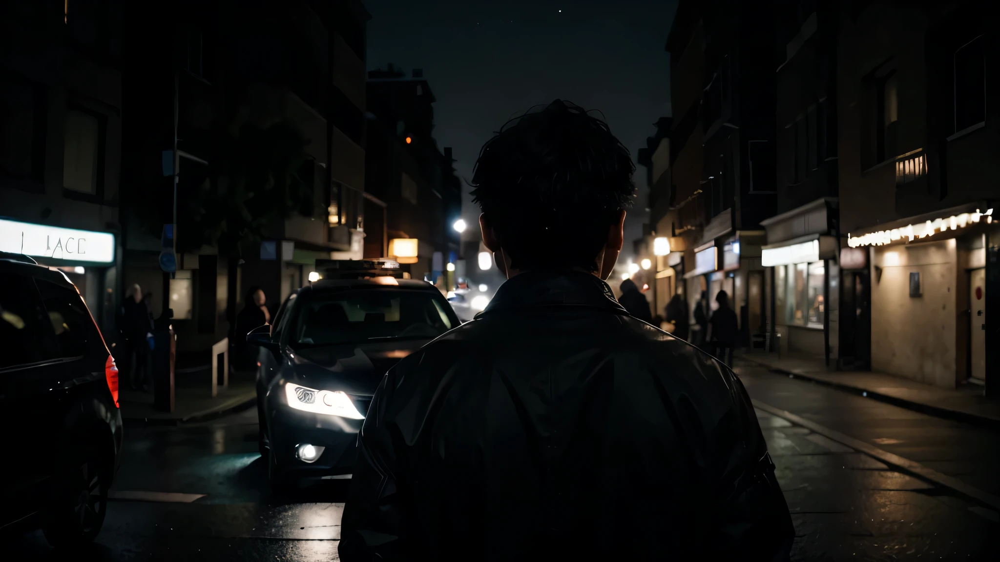 Make a guy in a black jacket with his back to the screen in the dark and a car in front of him with the lights on
