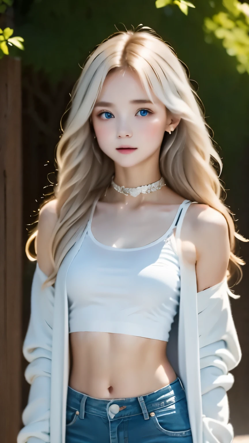 1 girl, medium breasts, blonde hair, long hair, wavy hair, gray eyes, white feathered wings, Angel, outdoors, white jacket, choker, Tank top, jeans