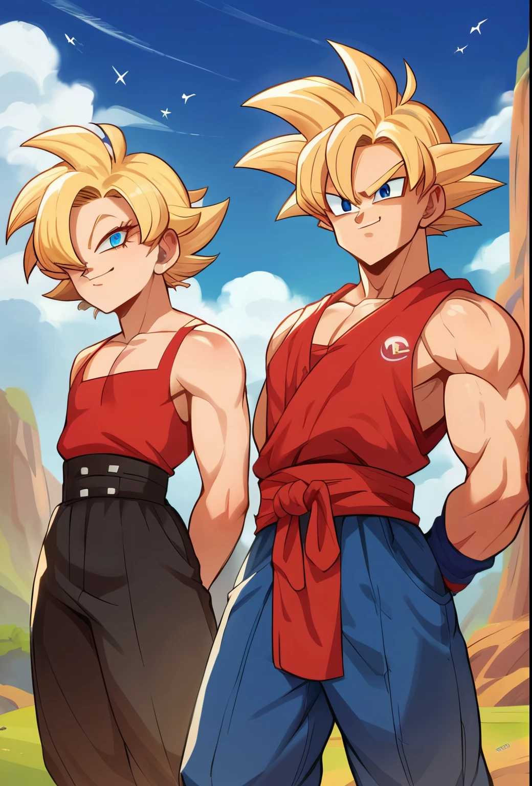 score_9, score_8_up, score_7_up, source_anime, 3boys, dragon ball, goku, smug sinister expression,
Sinister, evil, looking at viewer, arms behind back, blonde hair, hair over one eye, blue eyes, Chines edress, red gown,, sexy, flat chest, femboy, male, 1boy, genderbend, presenting, detailed face, Detailed eyes, perfect face, perfect eyes