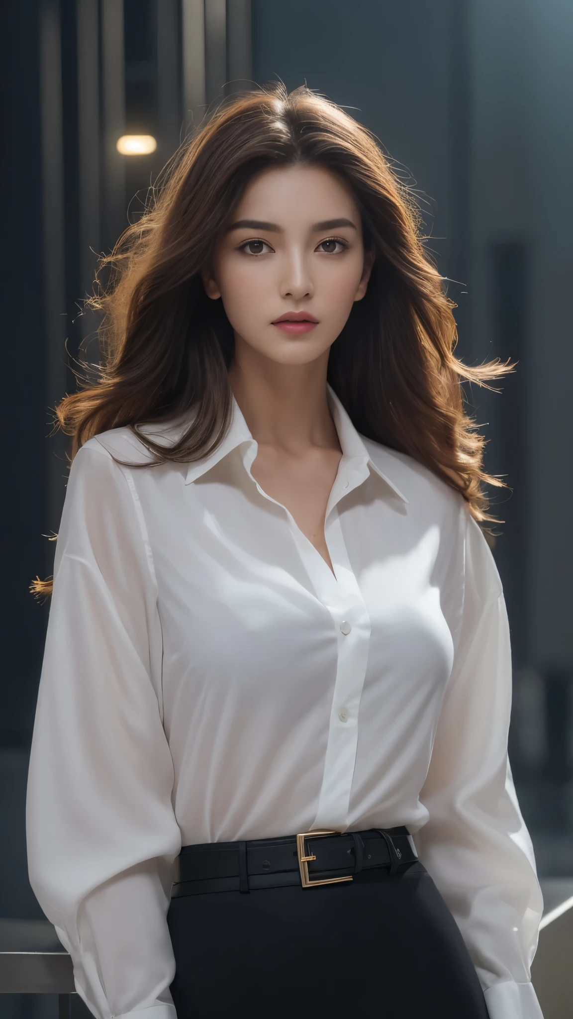 ((night, Realistic light, best quality, 8k, masterpiece:1.3)), a tall and beautiful woman，Slim abs，dark brown hair，loose waves，medium breasts，Wear a pendant，white buttoned shirt，belt，a black skirt，（modern architecture background），Details on faces and skin textures are beautifully rendered，delicate eyes，double eyelids