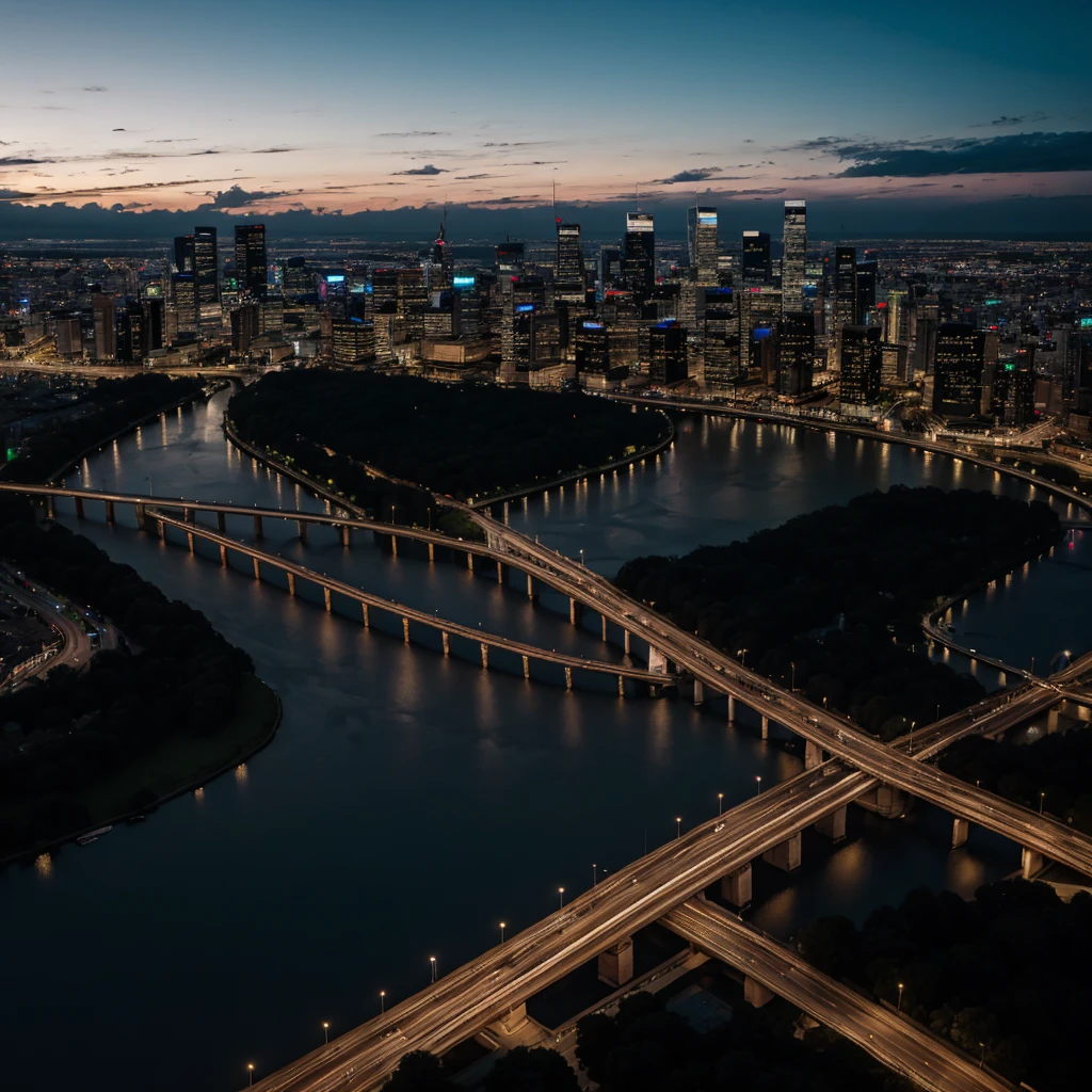 (best quality,4k,8k,highres,masterpiece:1.2),ultra-detailed,(realistic,photorealistic,photo-realistic:1.37),aerial view,landscape,cityscape,skyscrapers,twilight colors,sunset,HDR,UHD,studio lighting,vibrant lights,bokeh,panoramic,gentle breeze,towering buildings,long horizon line,twinkling city lights,rippling river,traffic,glowing windows,urban sprawl,serene atmosphere,clouds floating,timeless beauty