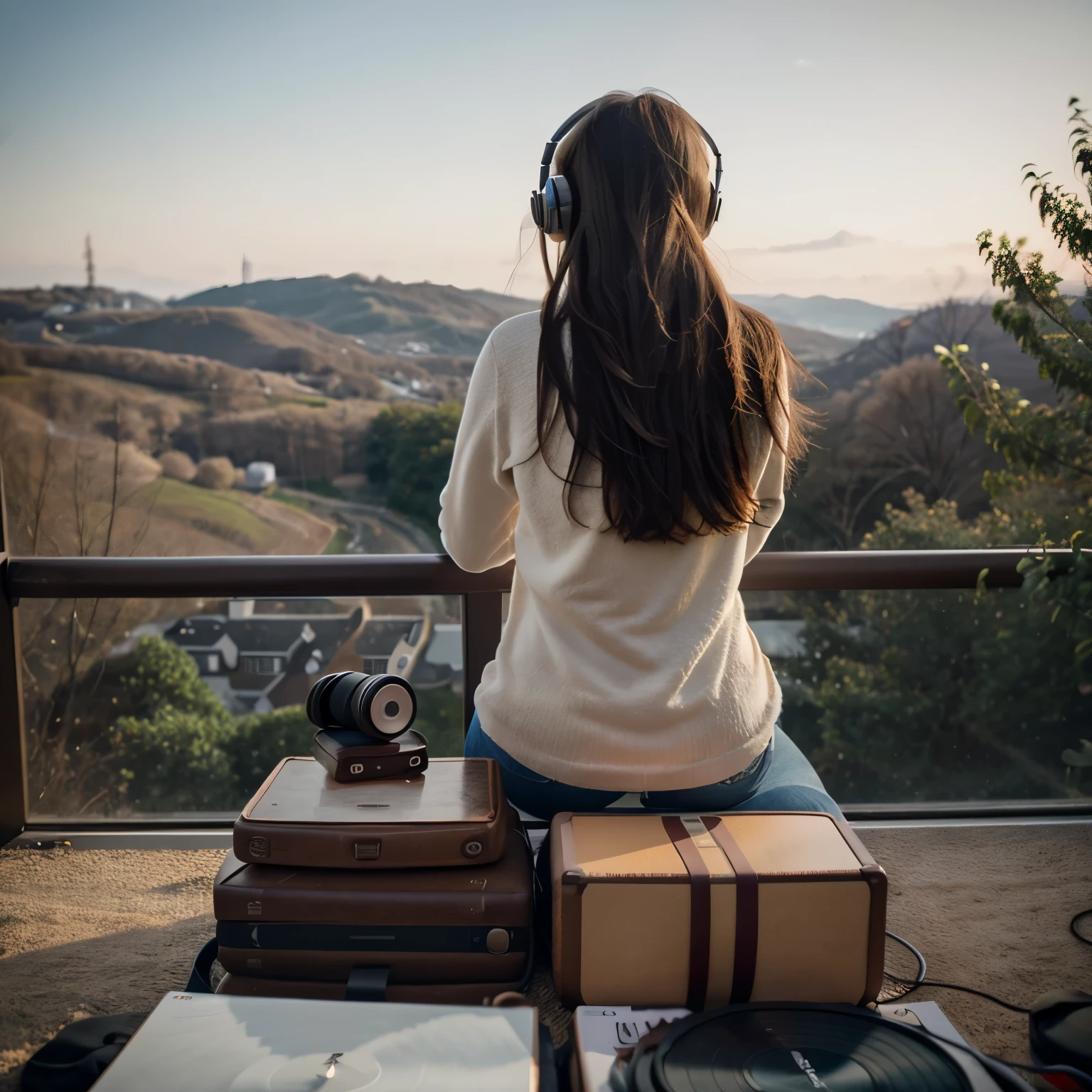 speaker、music、record、classical landscape、Rear view of a cute girl wearing headphones