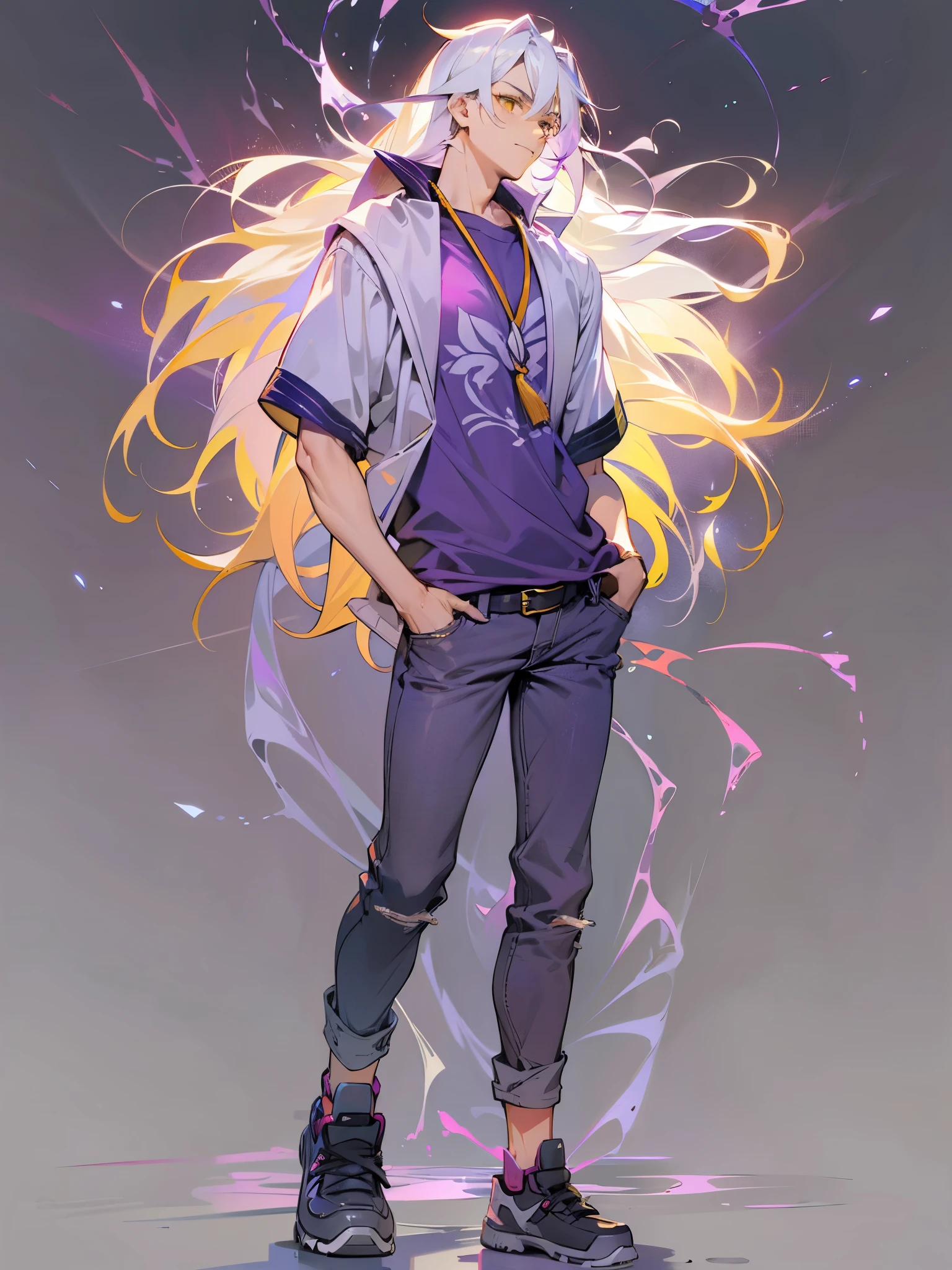1male, Young Adult, Yellow Eyes, White Hair, Purple Highlighted Hair, Long Flowing Hair, Jeans, T-Shirt, Masculine, School, Beautiful Lighting, Radiant
