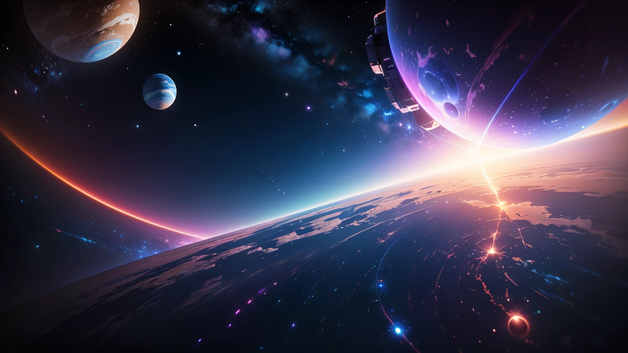 space with all the planets blue and pink colour with bright white stars in the background with galaxy background with volumetric lighting, octane render, 8k --ar 4:5