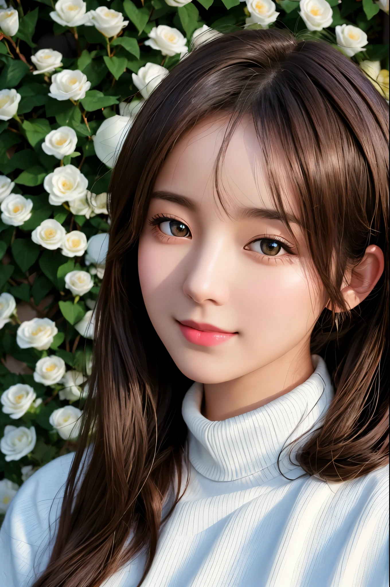 masterpiece,dslr photography,analog style,nikon d5,real photos,beautiful 20 year old woman photo,dramatic lighting (85mm),Against the backdrop of a blooming garden,(detailed facial features),(fine shiny eyes),dynamic angle,Michelangelo style,long hair,turtleneck sweater,smile:1.4,