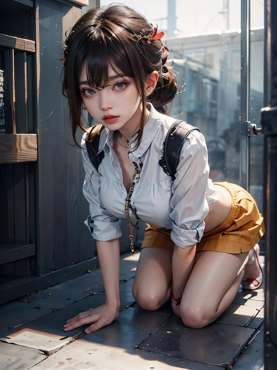 （Modify hair only、Face）Reddish-brown hair，Long curly hair，high ponytail，red headdress，red eyes，red eye，red pupils，Delicate and detailed eyes，sparkling eyes，huge ，scared expression，wearing iron chains