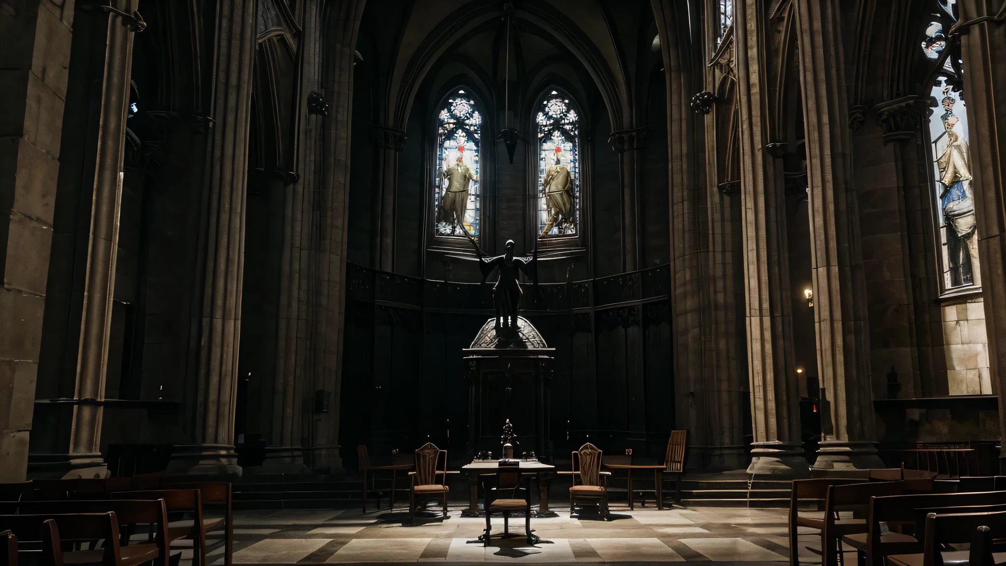 gothic cathedral with chairs all around the building and a fallen angel as a statue in the end of it