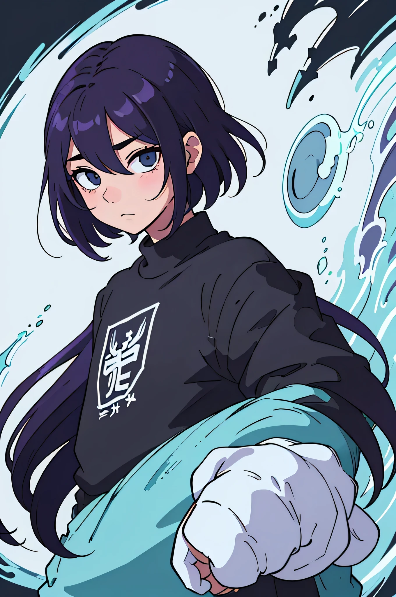 (melhor qualidade:0.8) perfect anime illustration, Um bonito,homem com cabelo preto curto e encaracolado, vestindo um moletom preto,olhos roxo, fundo verde