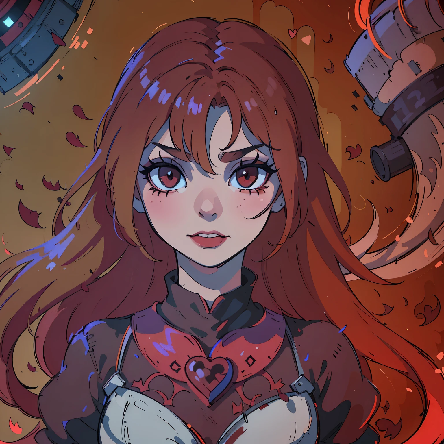 (best quality,4k,8k,highres,masterpiece:1.2),ultra-detailed,(realistic,photorealistic,photo-realistic:1.37),blood red hair,blood red eyes,extremely detailed eyes and face,lighter skin, detailed teeth,vivid colors,dark shadows,dramatic lighting,gothic,horror,portrait,very red hair,beautiful nose,smile, Do not alter the hair fringe,Red lipstick, smile with beautiful teeth, drawing of a heart symbol painted in red on the right cheek, do not change your mouth anymore.

