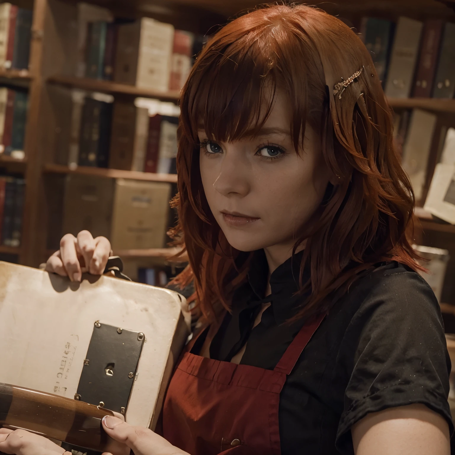 Beautiful girl. Devola. Redhead. She is wearing red pants, a black blouse and a white apron. In a large library. Playing guitar. She is sad and crying.