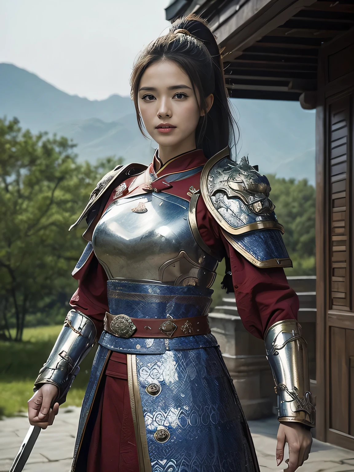 masterpiece,Best quality,HD quality,face close-up,A high resolution,8K,Ancient battlefield background, ((field:1.8)),(Female generals on the battlefield in the Han Dynasty),18-year-old girl,(long ponytail hairstyle),cparted lips,Full and erect breasts,Noble and charming,Elegant and serious,Chinese armor,sword, Chinese architecture, Blue by Capelet,,The combination of white metal and red leather,chest armor,metallic luster,Leather buckle,Exquisite pattern,mysterious badge,Cool and gorgeouig breasts)),Chest groove,Three Kingdoms character painting style,Photo pose,oc render reflection texture,charming smile,Head-up shot,bright afternoon,woodland background