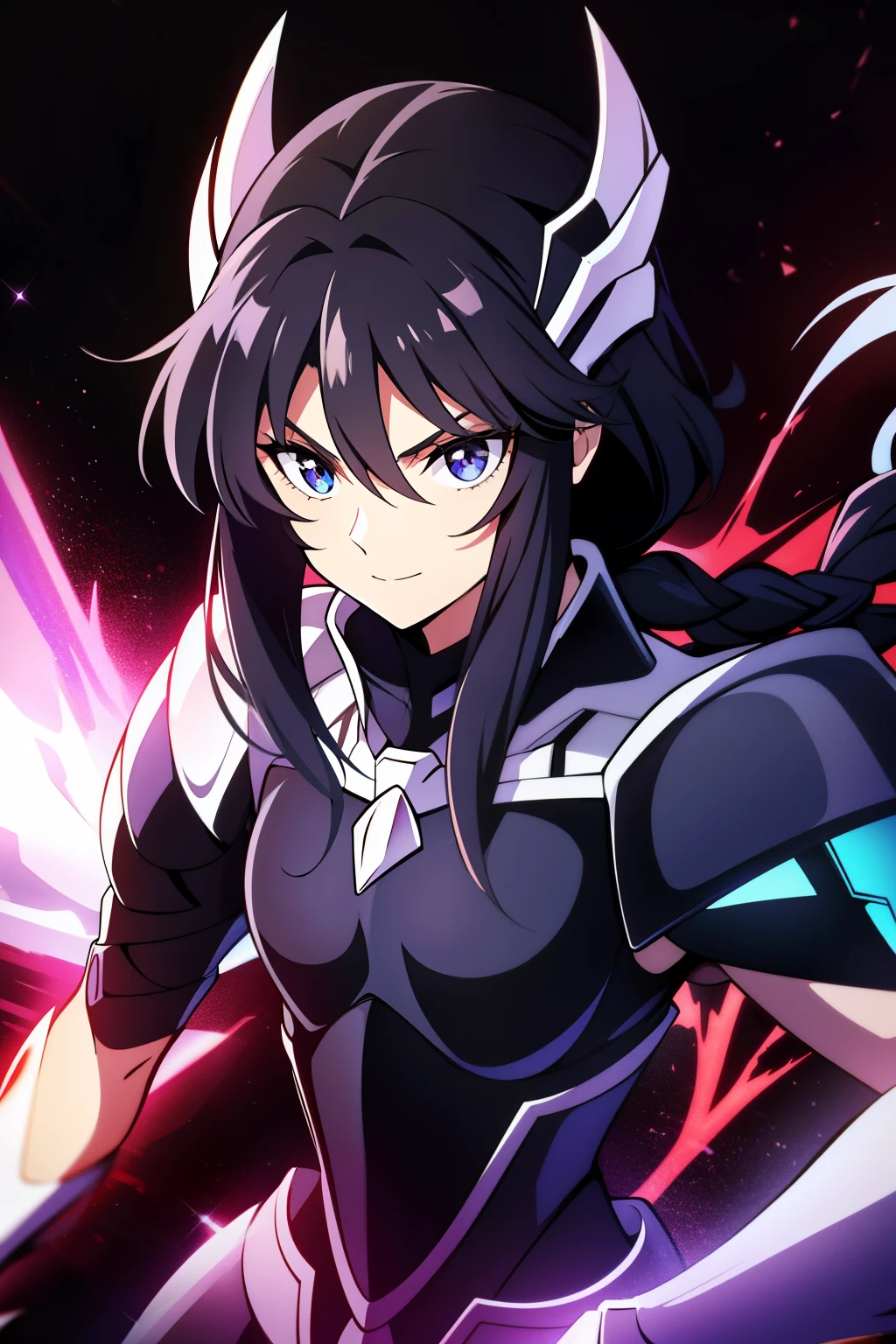 (high-quality, breathtaking),(expressive eyes, perfect face), 1girl, female, solo, half body, armor, dark onyx purple armor, saint seiya armor, spectre armor, fantasy armor, black hair, short length hair, brown eyes, ( watercolor \(medium\), black background, small smile, zoom out, braid
