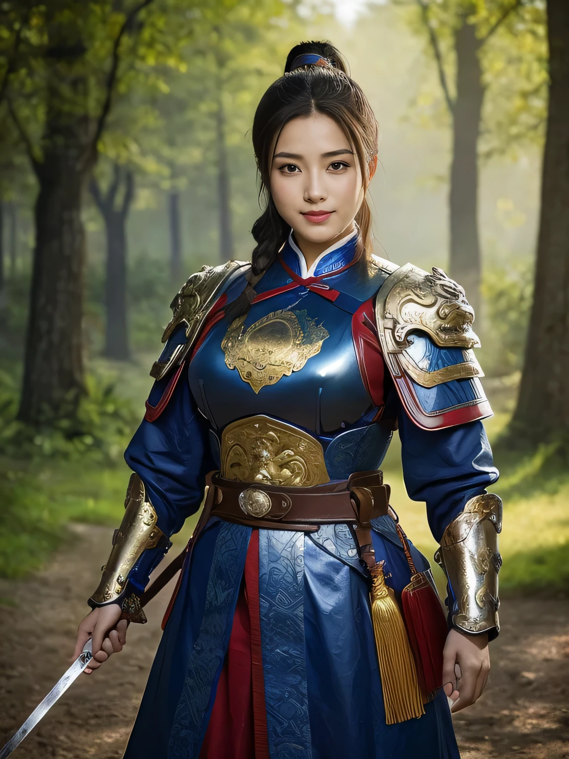 masterpiece,Best quality,HD quality,face close-up,A high resolution,8K,Ancient battlefield background, ((field:1.8)),(Female generals on the battlefield in the Han Dynasty),18-year-old girl,(long ponytail hairstyle),cparted lips,Full and erect breasts,Noble and charming,Elegant and serious,Chinese armor,sword, Chinese architecture, Blue by Capelet,,The combination of white metal and red leather,chest armor,metallic luster,Leather buckle,Exquisite pattern,mysterious badge,Cool and gorgeouig breasts)),Chest groove,Three Kingdoms character painting style,Photo pose,oc render reflection texture,charming smile,Head-up shot,bright afternoon,woodland background