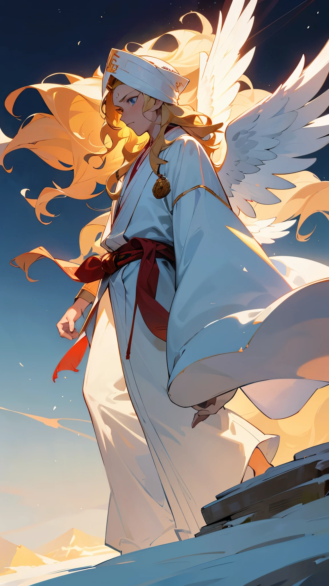 1male , Wavy Hair , Pale Blonde Hair , White Robes , Unique Martial Arts Clothing, Long Hair , Fiery Mountain Background , Standing On Path , Adult Male , Muscular , One Arm Clothing , Light Blue Eyes , White Turban , Angel Wings , Perfect Generation
