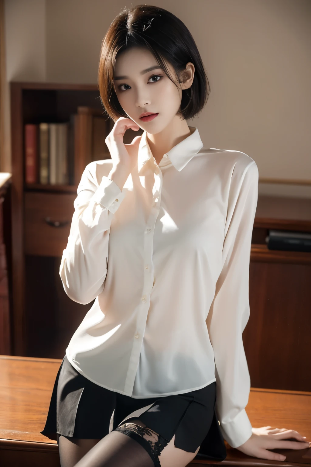 (Elite secretary in light lingerie), sit on chair,working in office、 (wear pantyhose)、(short layer hair)、 Wear high-end high heels、 (stockings and skirt), shirt secretary, merchant, wear a shirt and skirt, Professional attire, business attire, original photo, (8k、top quality、masterpiece:1.2)、(intricate details:1.4)、(Realism:1.4)、Octane number renderings、Complex 3D renderings with ultra-details, Vibrant details, Super details, Realistic skin texture, Detailed production, beautiful details eyes, Very detailed CG Unity 16k wallpaper, Makeup - Makeup, (Detailed background:1.2), shiny skin、bare on thighs!!!,
