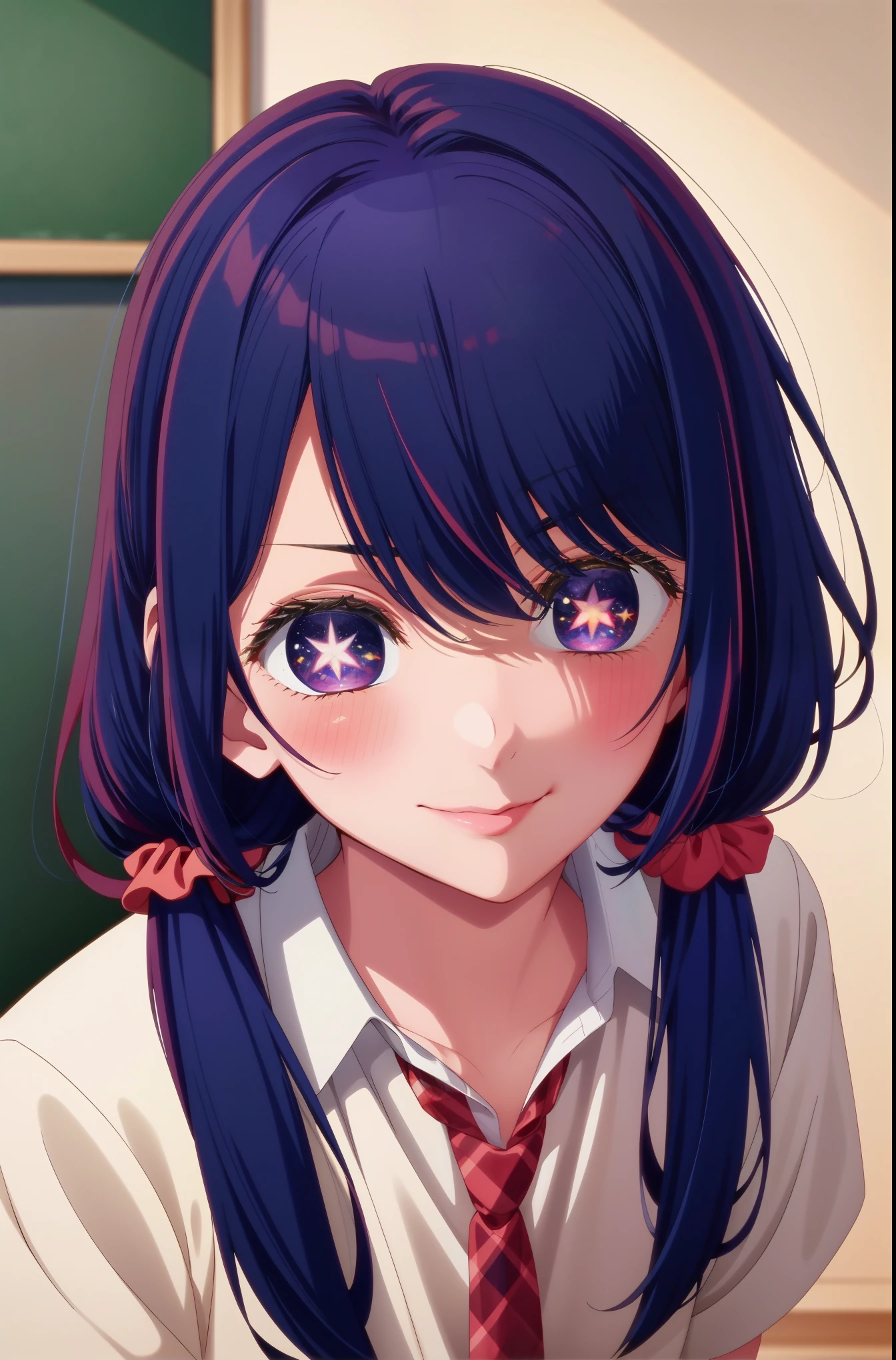 masterpiece, highest quality, 8k, ultra high resolution, highest quality, anime style, best writing, beautiful face, anime style, best lighting, beautiful face, (1 girl), Ai Hoshino, Six-pointed star in the eye, (Colorful atmosphere), blush, cute style, saturated colors, Ai Hoshino, Big eyes, Eyes of Fantasy, purple hair, best smile, blush, hair accessory, (shirt dress:1.3), (Bring out the hem of the shirt:1.3), school uniform, (cleavage:0.8), Rolled up sleeves,Scrunchies on the wrist, red tie, (Plaid red pleated skirt:1.3), close up, School, classroom