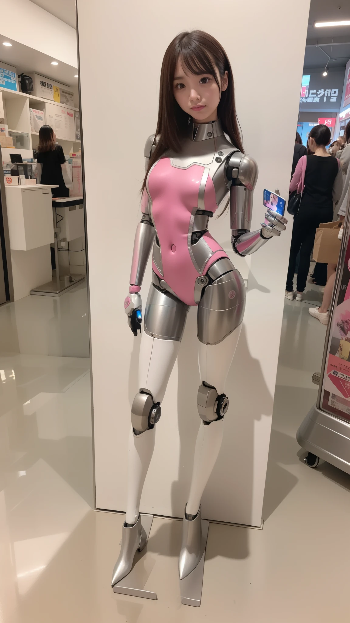 cyborg, pink there, Silver, Metallic body, Robot Parts, Metal Parts, Super Detailed Face, Super well-formed face, of the highest quality, a small face, a small head, full body, Brown hair, Slender body, Camera gaze, Internal Mechanical Exposure, Idol, Well-proportioned body, gravure, Photo session, Akihabara, Moe Pose, Standing with legs open, Model body type, sad, Embarrassing,(Perfect Robot Girl),(Perfect machine body)
