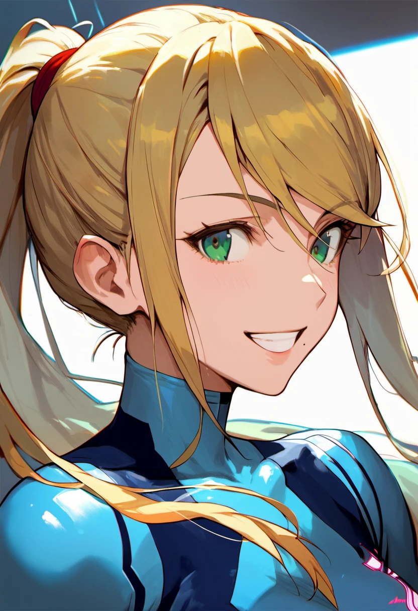 (best quality),female,Samus aran,blond hair,green eyes,white body suit,ultra-detailed,sharp focus,During a break,smile,source_anime,
score_9, score_8_up, score_7_up,source_anime,rating_safe