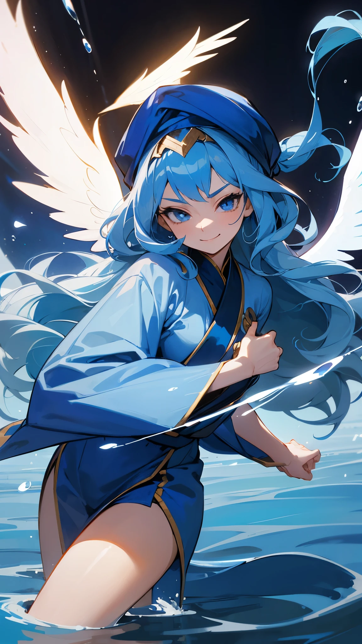 1female , Wavy Hair , blue Hair , blue Robes , Unique Martial Arts Clothing, Long Hair ,adult female, blue Eyes , back Turban , Angel Wings , Perfect Generation, water floor, wings, clear face, smirking,
