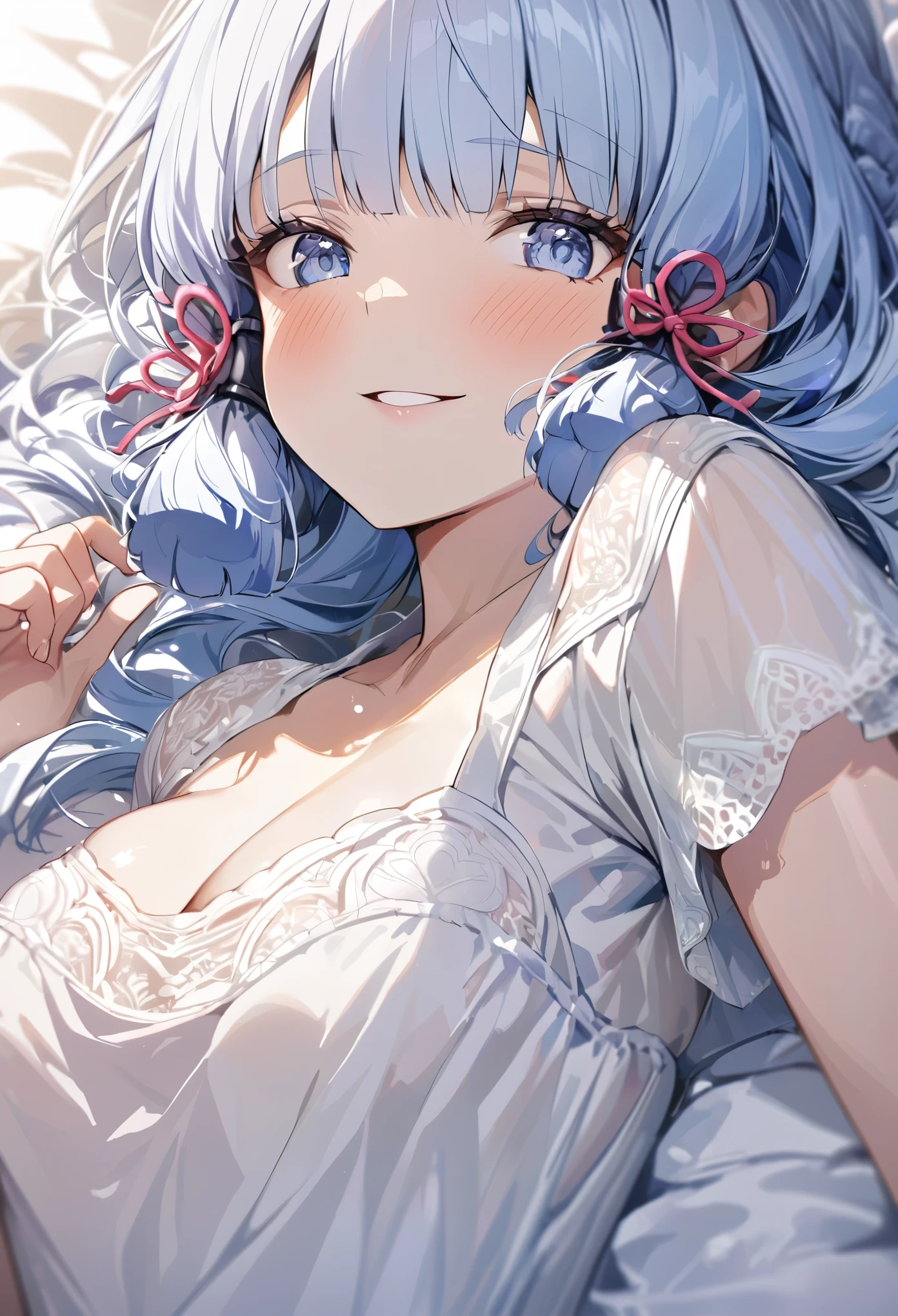 ayaka, long blue hair, beautiful face,smiling,close up to hips, moderate breast, laying on bed, wearing beautiful white sleepwear, (open mouth:0.4),illustration,detailed textures(realists),ultra-detailed,portrait style,vivid colors,soft lighting, blushing, mature, no bras, hair fluttering,