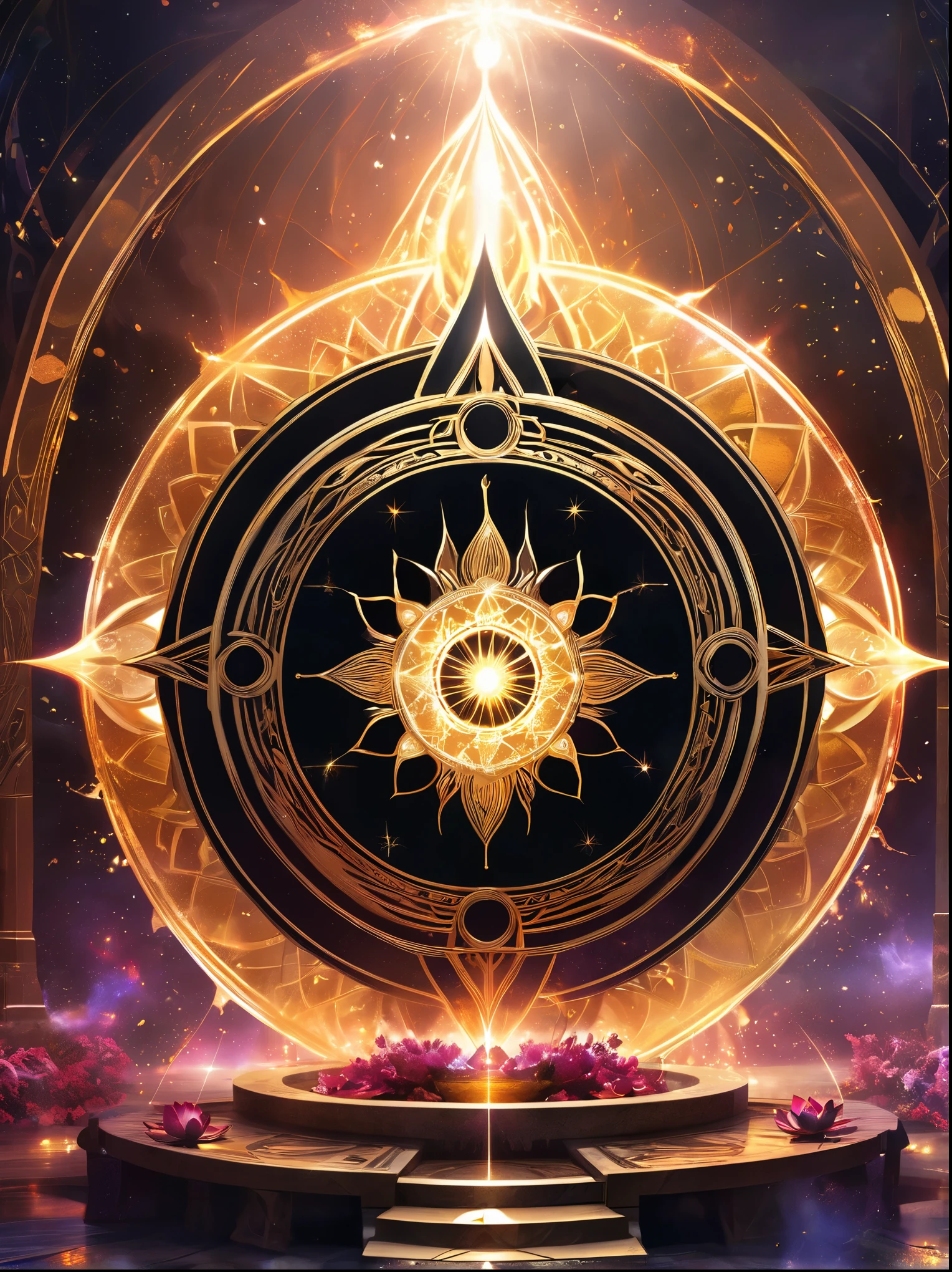 Lotus Altar，blood spreads，strange circle incident，blood splattered，Pure cosmic energy transparent magic circle，A disk made of magic，wheel of time and space，ring of light，electric wheel，polygon drawn with magic，epic magical fantasy，epic surrealism，epic thunder magic，magnificent ancient totem，magnificent mysterious magic light，epic black magic，grand gothic style、gold