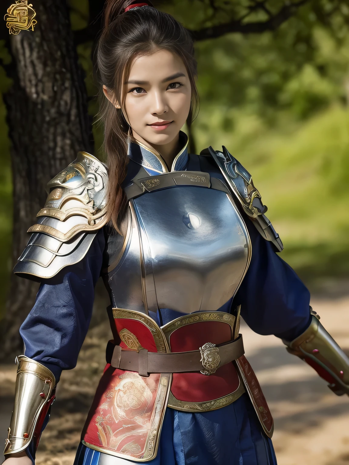 masterpiece,Best quality,HD quality,face close-up,A high resolution,8K,Ancient battlefield background, ((field:1.8)),(Female generals on the battlefield in the Han Dynasty),18-year-old girl,(long ponytail hairstyle),cparted lips,Full and erect breasts,Noble and charming,Elegant and serious,Chinese armor,sword, Chinese architecture, Blue by Capelet,,The combination of white metal and red leather,chest armor,metallic luster,Leather buckle,Exquisite pattern,mysterious badge,Cool and gorgeouig breasts)),Chest groove,Three Kingdoms character painting style,Photo pose,oc render reflection texture,charming smile,Head-up shot,bright afternoon,woodland background
