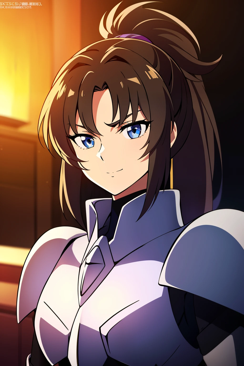 (high-quality, breathtaking),(expressive eyes, perfect face), 1girl, female, solo, half body, armor, dark onyx purple armor, saint seiya armor, spectre armor, fantasy armor, light brown hair, medium length hair, brown eyes, ( watercolor \(medium\), black background, small smile, zoom out, fluffy ponytail
