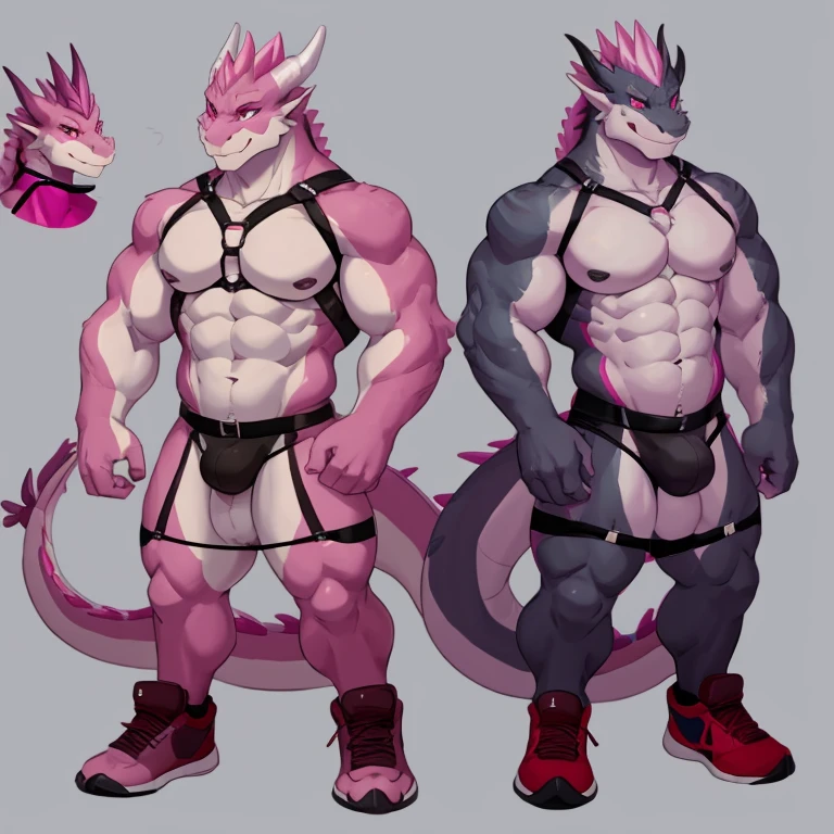 there are two different poses of a gray dragon male,sketches of a dragon male, pink dragon fursona, [ character design ], character adoptable, anthropomorphic dragonmale, tome + concept art, full body concept, fursona art, fursona commission, character design contest winner, big muscular, red sport shoes, wearing harness, white jockstrap, 1 gray dragon at the back