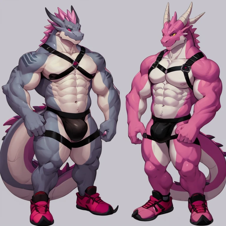 there are two different poses of a gray dragon male,sketches of a dragon male, pink dragon fursona, [ character design ], character adoptable, anthropomorphic dragonmale, tome + concept art, full body concept, fursona art, fursona commission, character design contest winner, big muscular, red sport shoes, wearing harness, white jockstrap, 1 gray dragon at the back