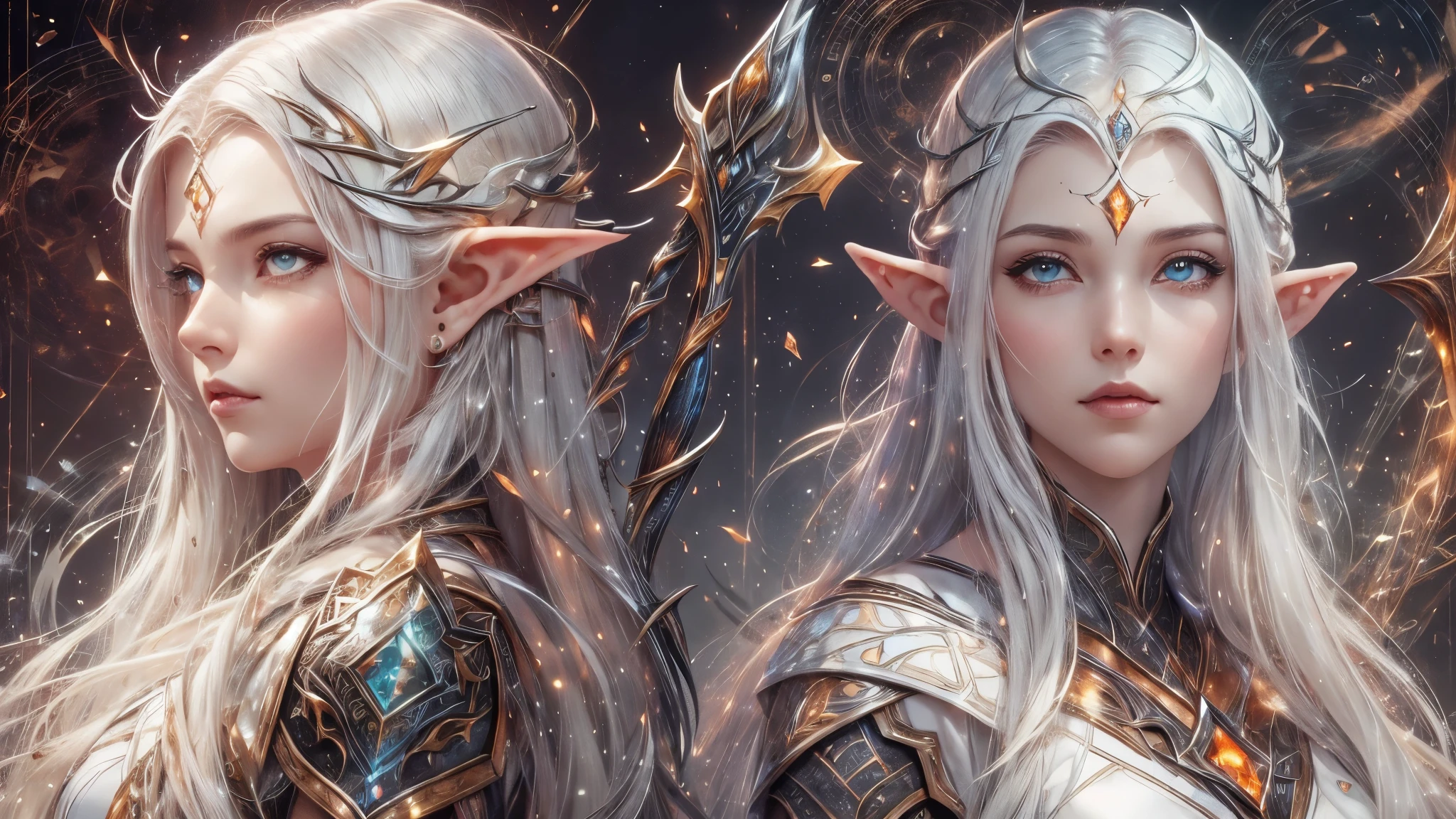 (master piece), 8k, best quality, panoramic view, With slightly flushed white skin, subtly contrasting with her long, silvery hair that cascaded over her shoulders that seemed to shine in the sunlight. Her body was slender and athletic, with a height of 168cm that gave her a natural elegance. Her green eyes added a captivating touch to her face and shone with an intensity, reflecting the depth of her soul. Her pointed ears, a hallmark of her elven lineage, added a touch of magic and mystery to her singular beauty, with a magical, rune-written war bow that shoots an arrow of light,
