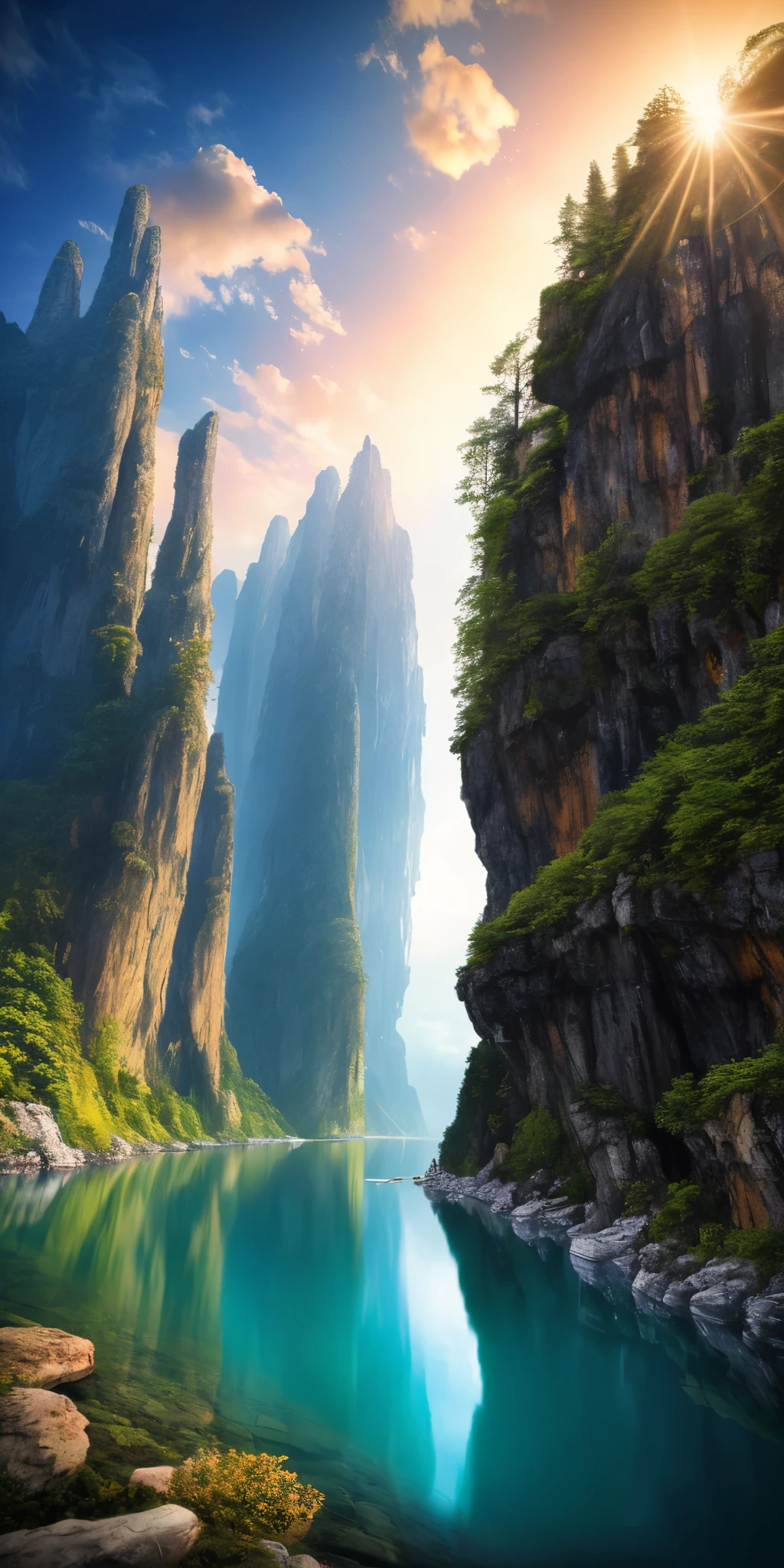 masterpiece, 最high quality, high quality, very detailed CG Unity 8K 壁紙, scenery, outdoors, null, cloud, sun, unmanned, Mountain, scenery, water, wood, 青null, waterfalls, cliff, nature, lake, river , 曇りnull, award winning photography, Bokeh, Depth of the bounds written, HDR, bloom, chromatic aberration, realistic, very detailed, art station trends, Trends in CG society, Complex, high detail, dramatic, on the road art