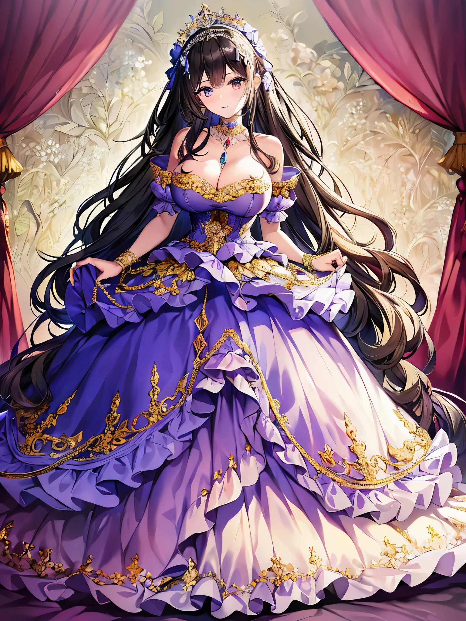 ((anime moe artstyle)),((Masterpiece)), (Best Quality), (Super Detail), Illustration, (((Very Delicate and Beautiful))),Solo,((full body)),full body portrait,((1 bling-bling princess in a beautiful embroidery and jeweled gorgeous rococo princess ballgown with voluminous full length hoop skirt)),(((very very gigantic tits,cleavage,curvy))),Skindentation,((fantasy castle,outdoor)),((crinoline,long train)),super detailed gorgeous ballgown with voluminous full length hoop skirt,gorgeous princess rococo ballgown with long train,beautiful embroidery and jeweled,(((gorgeous princess rococo ballgown with beautiful embroidery and jeweled))),(detailed face and eyes),jewel-like eyes,((extremely voluminous straight Hair,Extremely Long Straight Hair)),extremely gorgeous hair ornament,((extremely gorgeous bling-bling big tiara)),bling-bling luxurious jewelry,Beautifully detailed lots of lace and ruffles,(Dynamic Angle),((beautiful embroidery and jeweled gorgeous rococo princess ballgown with voluminous full length hoop skirt)),full body