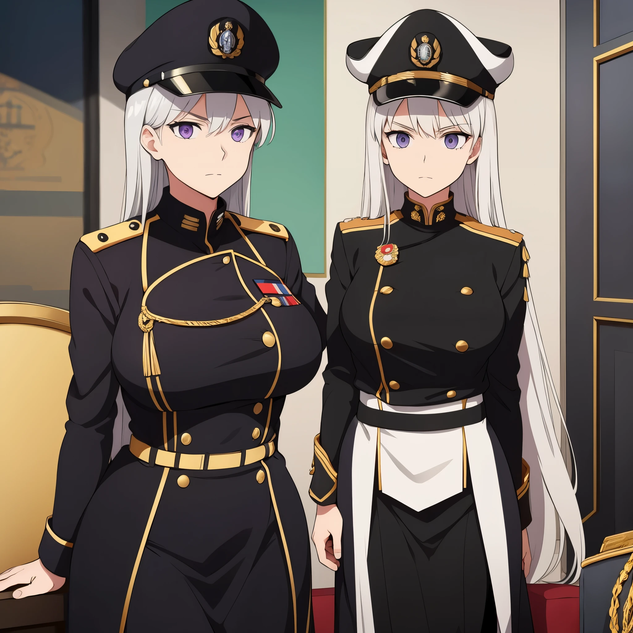 A woman wearing a black Prussian military uniform with gold details, silver hair, purple eyes, black military hat with gold details, in a naval port.
