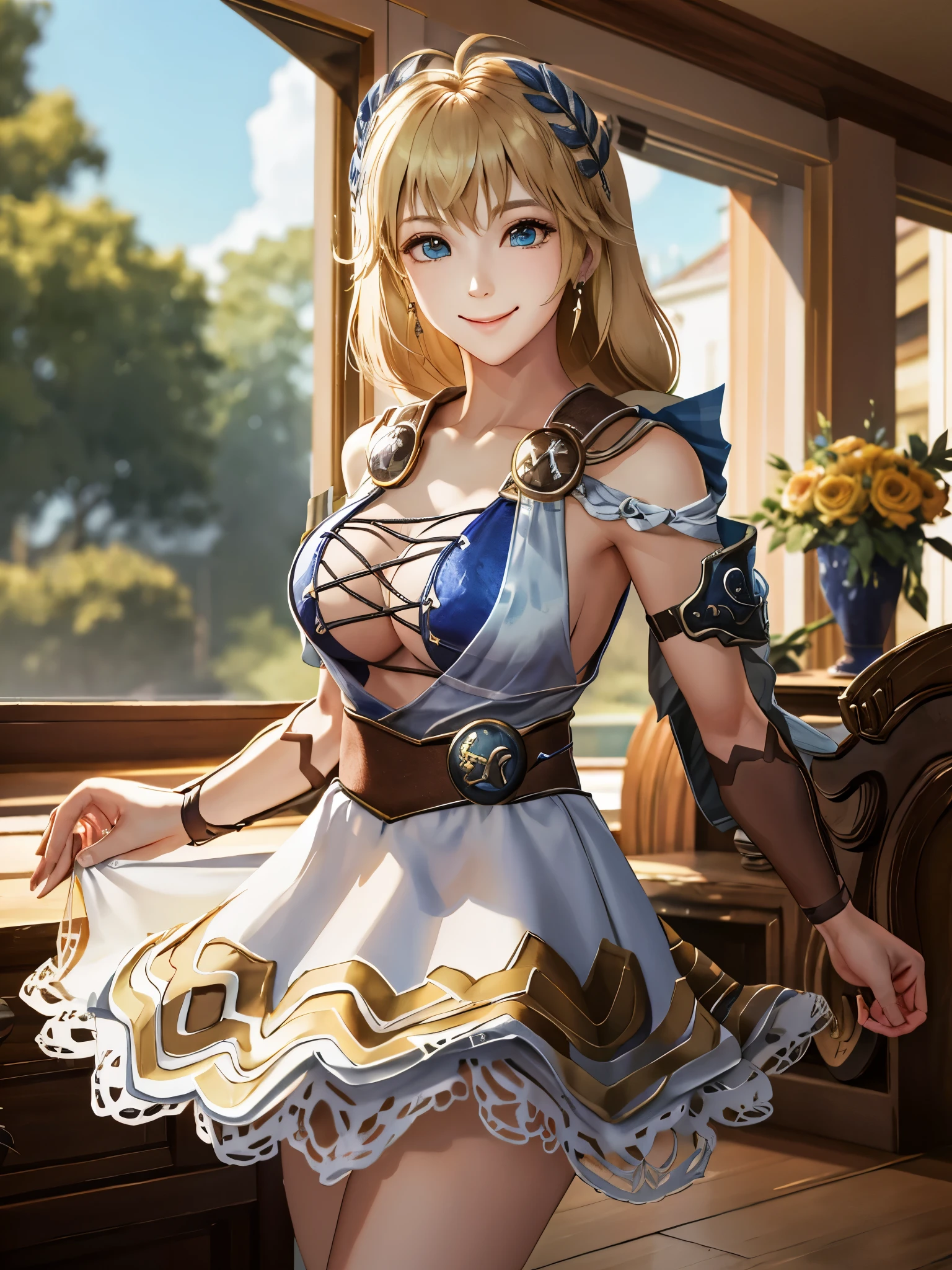 masterpiece, highest quality, Sophitia Alexandre,blonde,birthday,birthday cake,inside the house,(light blue sleeveless clotheini skirt,smile,