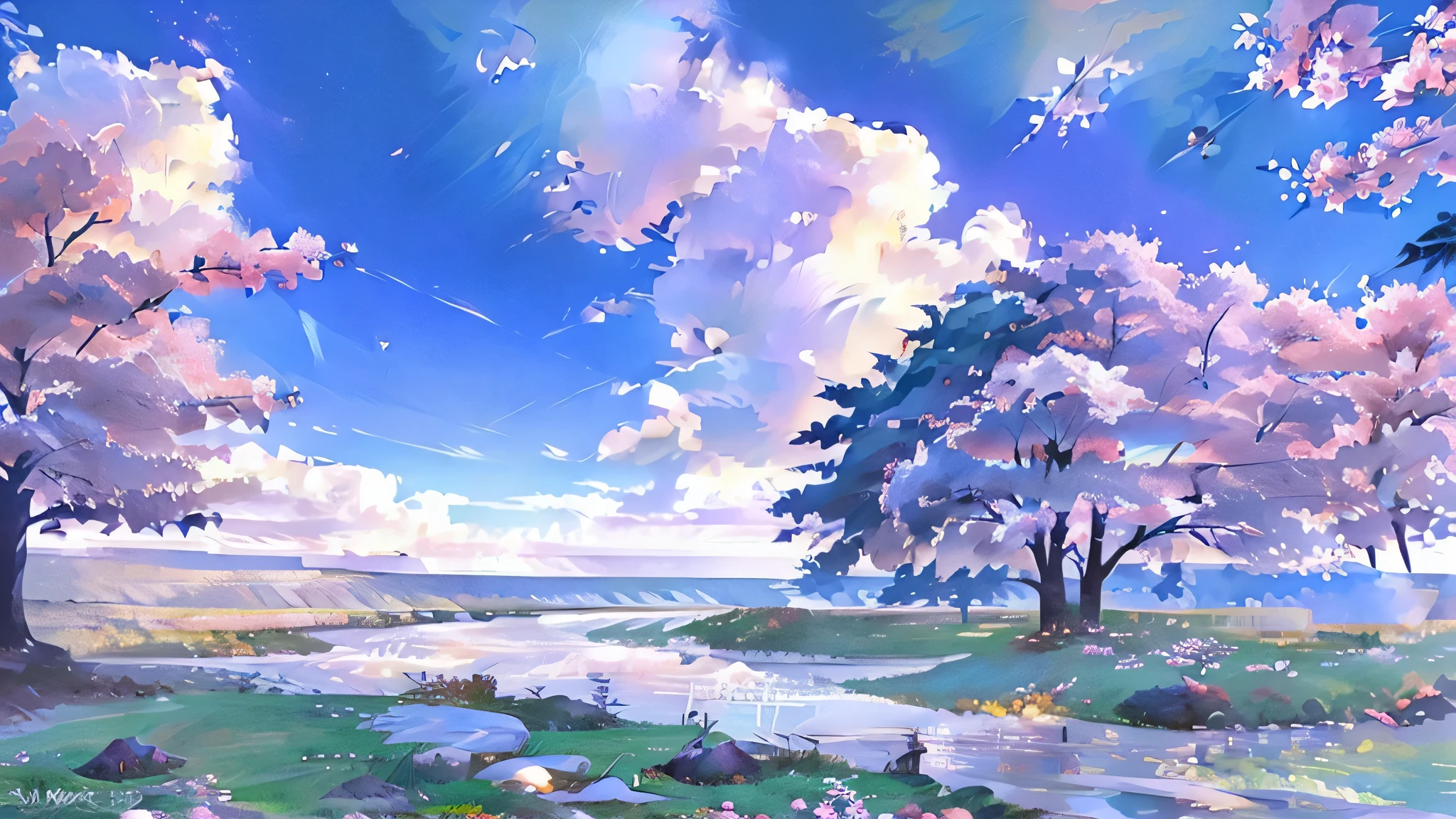 Studio Ghibli, Makoto Shinkai, anime countryside scenery,beautiful nature, cherry blossoms, blue sky,