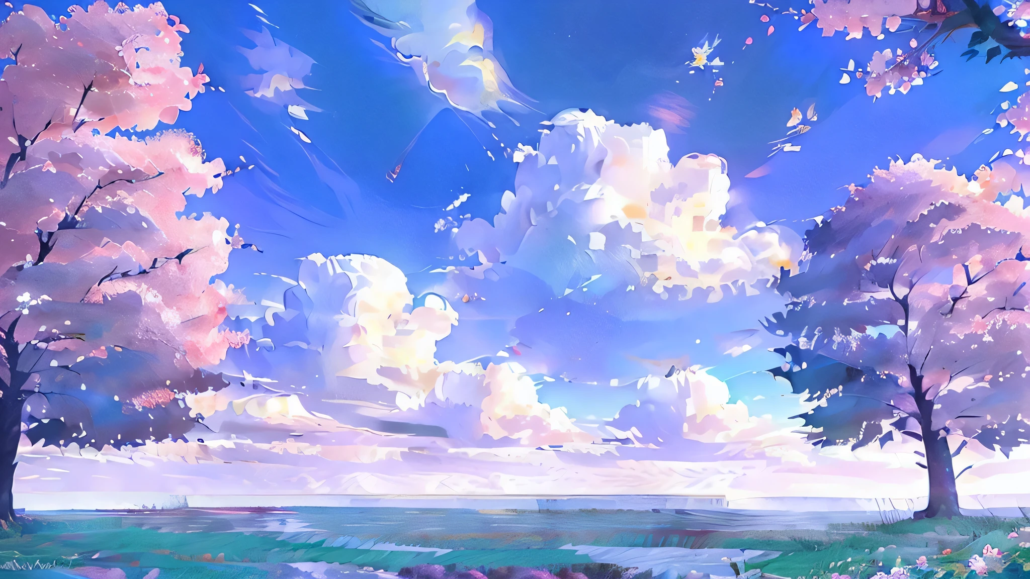 Studio Ghibli, Makoto Shinkai, anime countryside scenery，beautiful nature,　cherry blossoms,　blue sky,