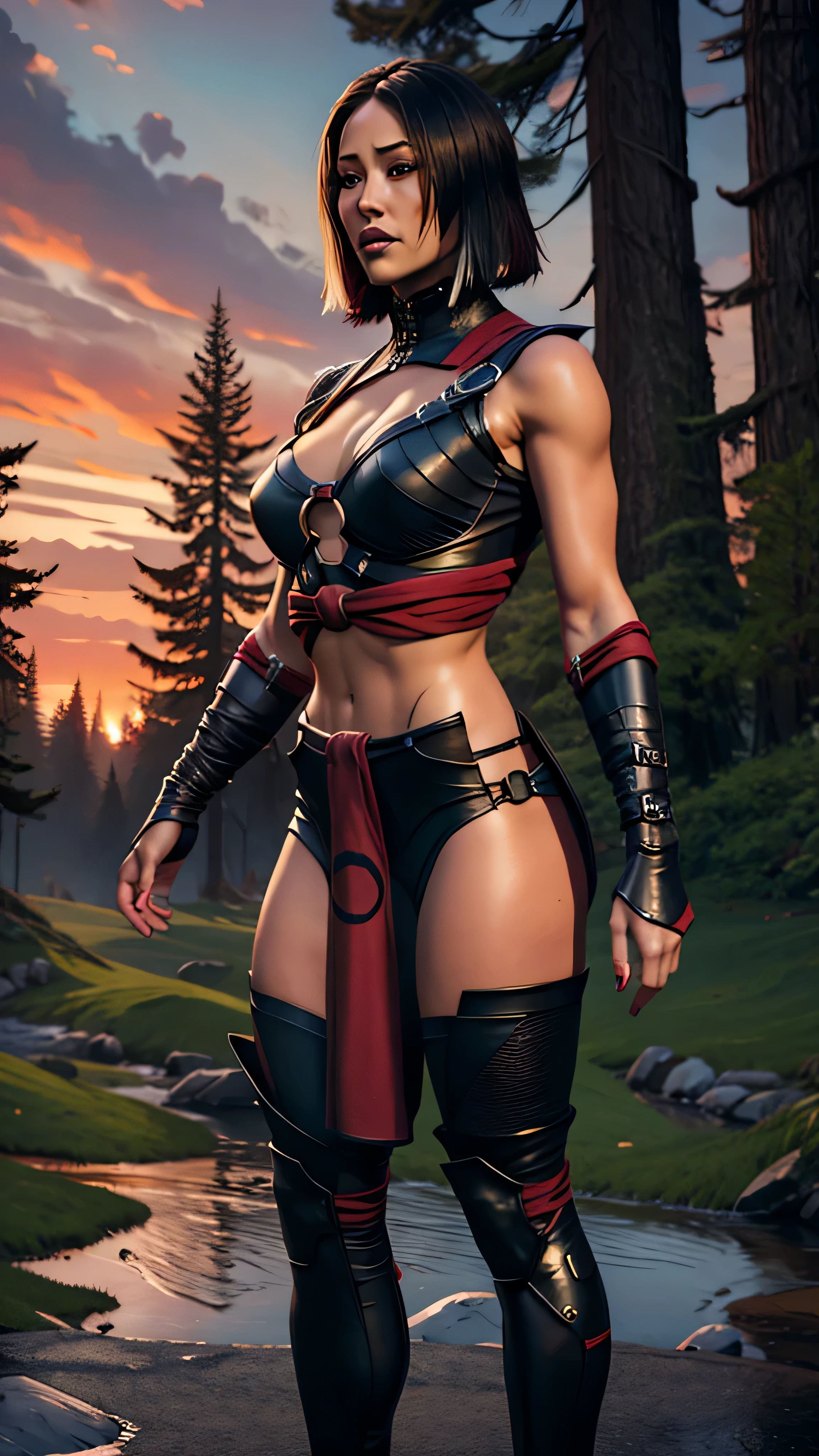 ((Karen Fukuhara)) as sareenamk1 from Mortal Kombat, red eyes, black sclera, (two-tone hair, white streaked hair), bangs, scar, black crop top, o-ring, gloves, midriff, cleavage, loincloth, stockings, high heels, make-up, standing, red sky, woods, seductive, sexy, hot, sultry, shapely, intricate, high detail, sharp focus, dramatic, photorealistic painting art by greg rutkowski