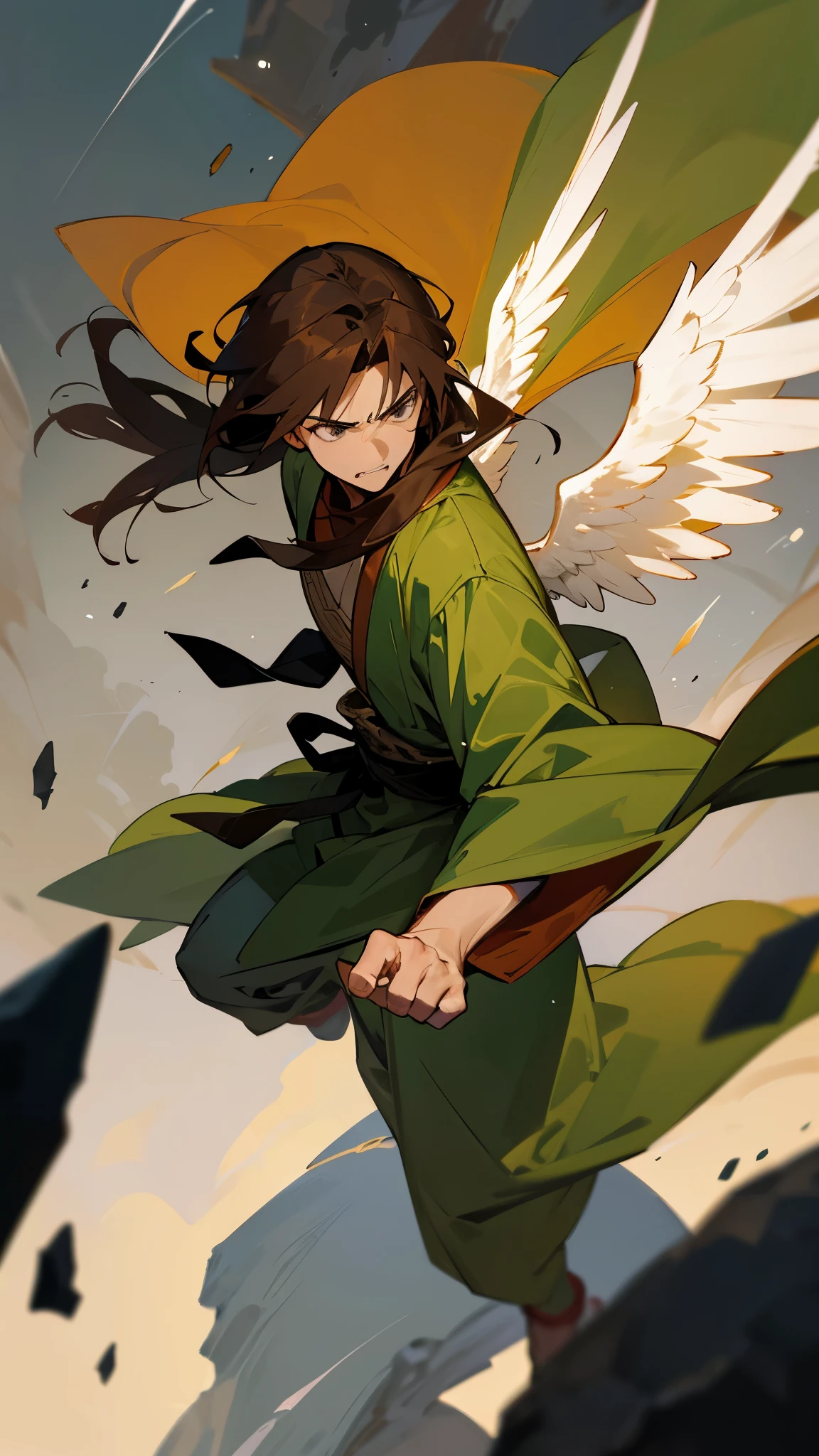 1male , medium-length Hair ,brown Hair , green Robes , Unique Martial Arts Clothing ,adult male,muscular, grey Eyes , brown Turban , Angel Wings , Perfect Generation, wings, clear face, angry, rocky terrain background, flying in air
