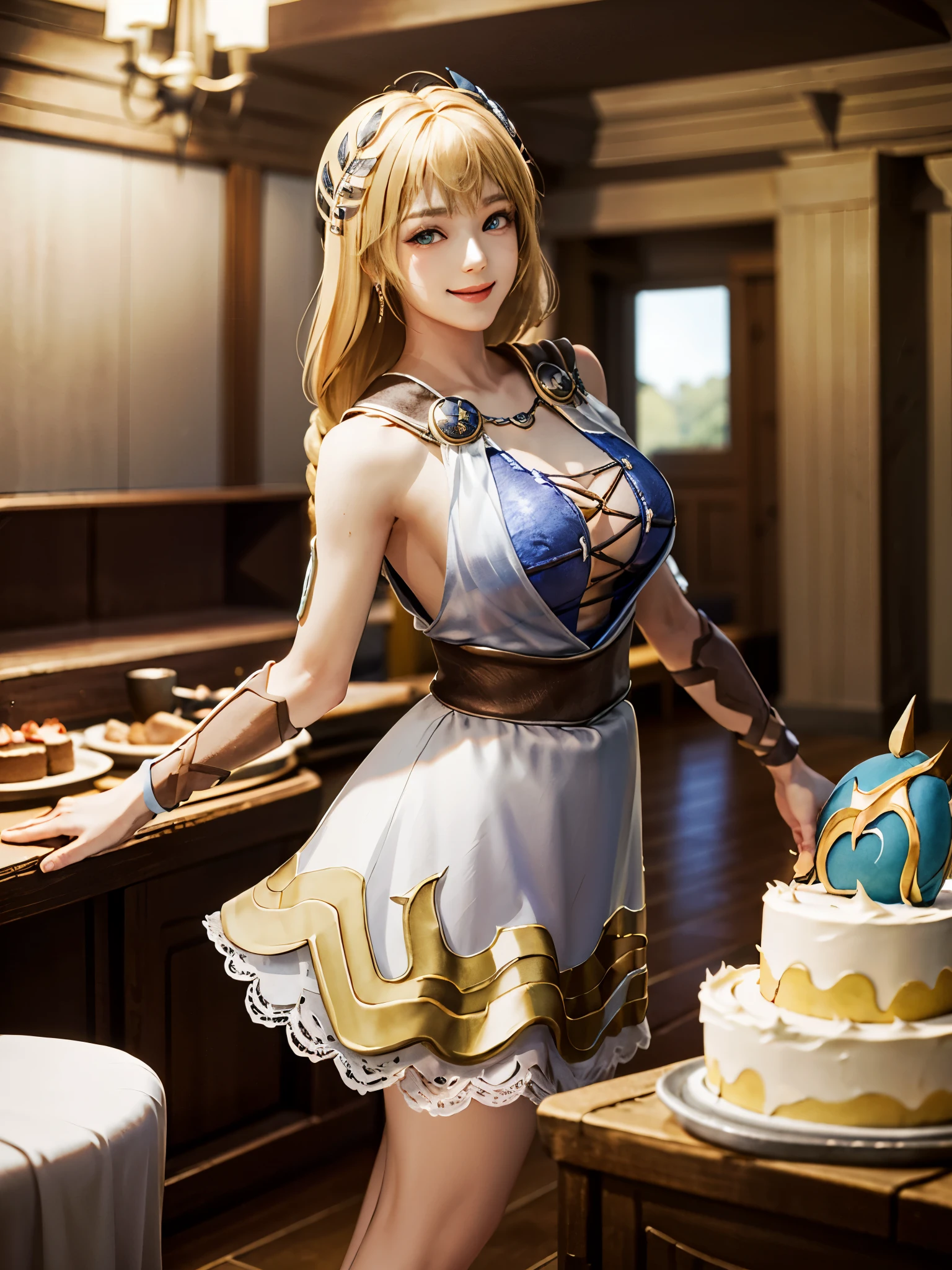 masterpiece, highest quality, Sophitia Alexandre,blonde,birthday,birthday cake,inside the house,(light blue sleeveless clotheini skirt,smile,