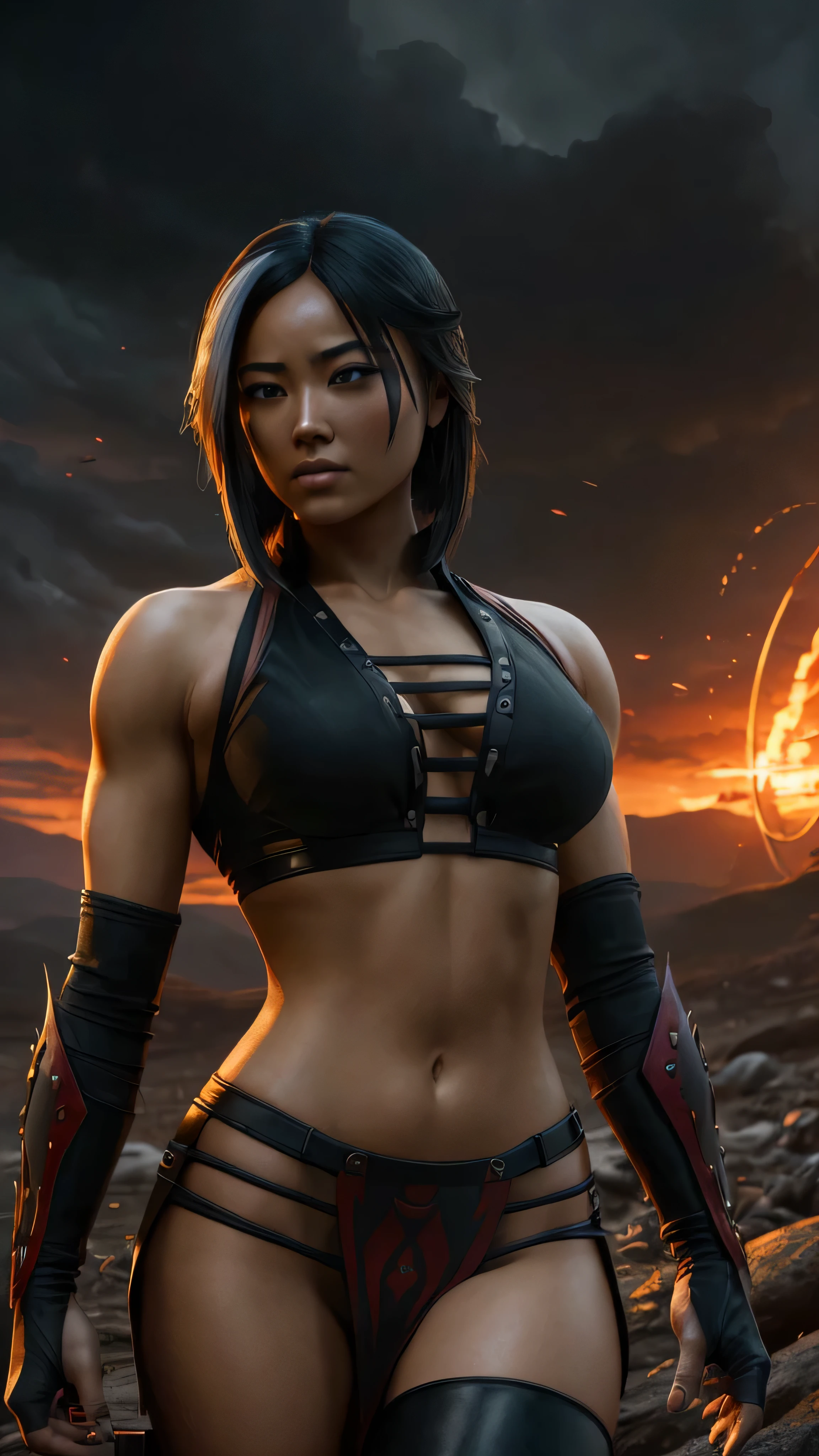 ((Karen Fukuhara)) as Sareena from Mortal Kombat, red eyes, black sclera, (two-tone hair, white streaked hair), bangs, scar, black crop top, o-ring, gloves, midriff, cleavage, loincloth, stockings, high heels, make-up, standing, red sky, woods, seductive, sexy, hot, sultry, shapely, intricate, high detail, sharp focus, dramatic, photorealistic painting art by greg rutkowski