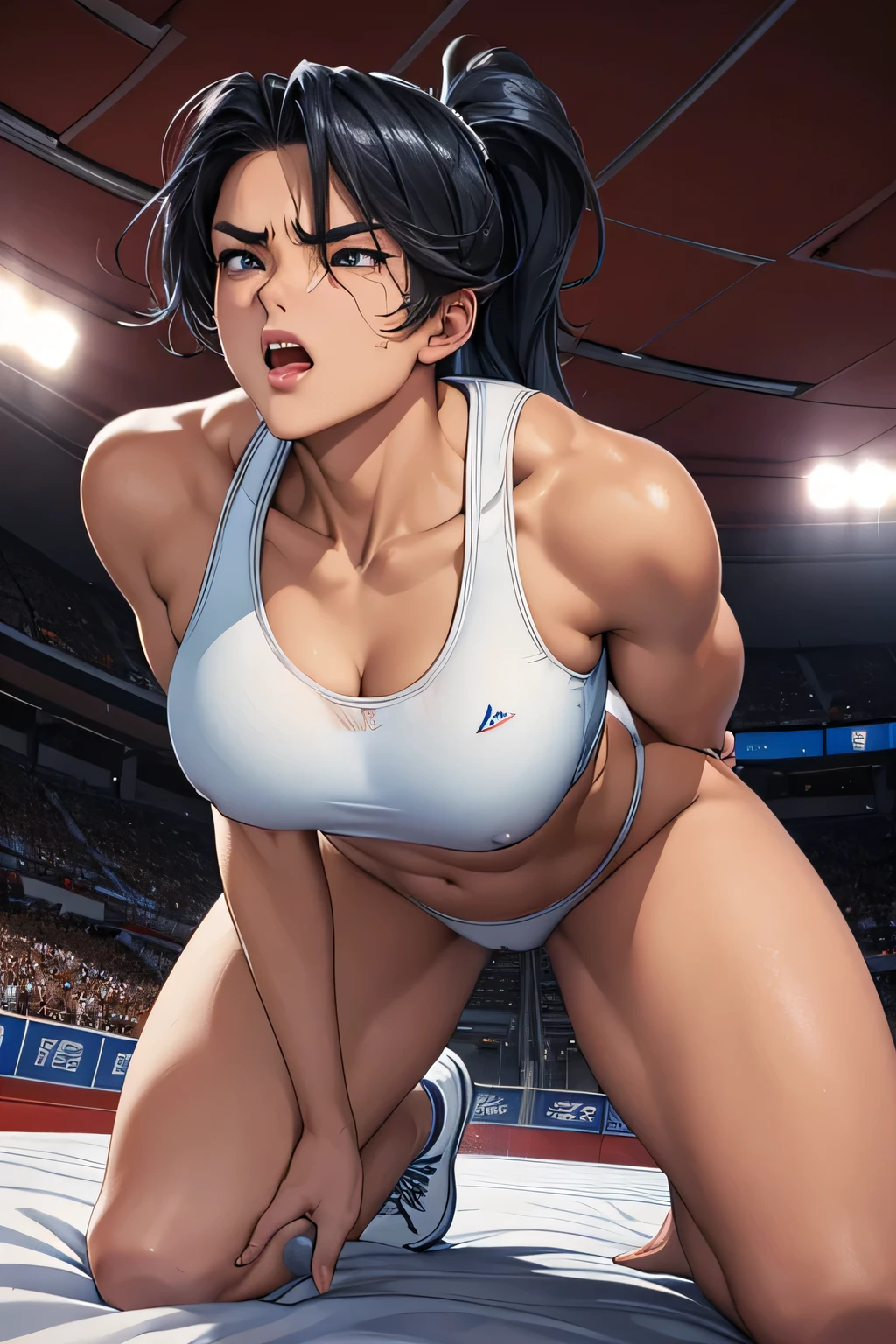 low angle shot,looking up from below,Emphasis on the crotch。Disdainful eyes and angry expressions (a female athlete,Wear a white sports bra,Kneel on the bed,Fluid leaks from vaginal crevices)。