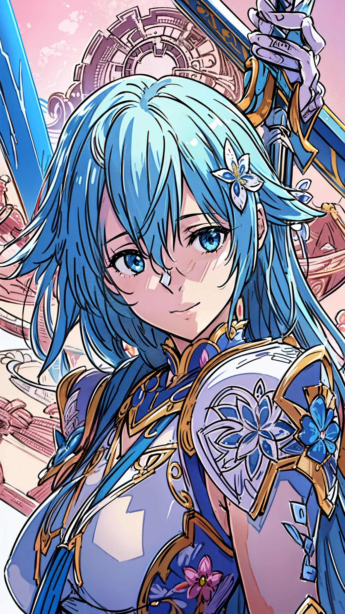 Highly detailed and intricate 3D renderings of beautiful anime characters,naked, beautiful soft studio light, rim light, vivid details,nice, race, surreal, blue hair, surreal中世の世界で親密な詳細を表示, have a sword  