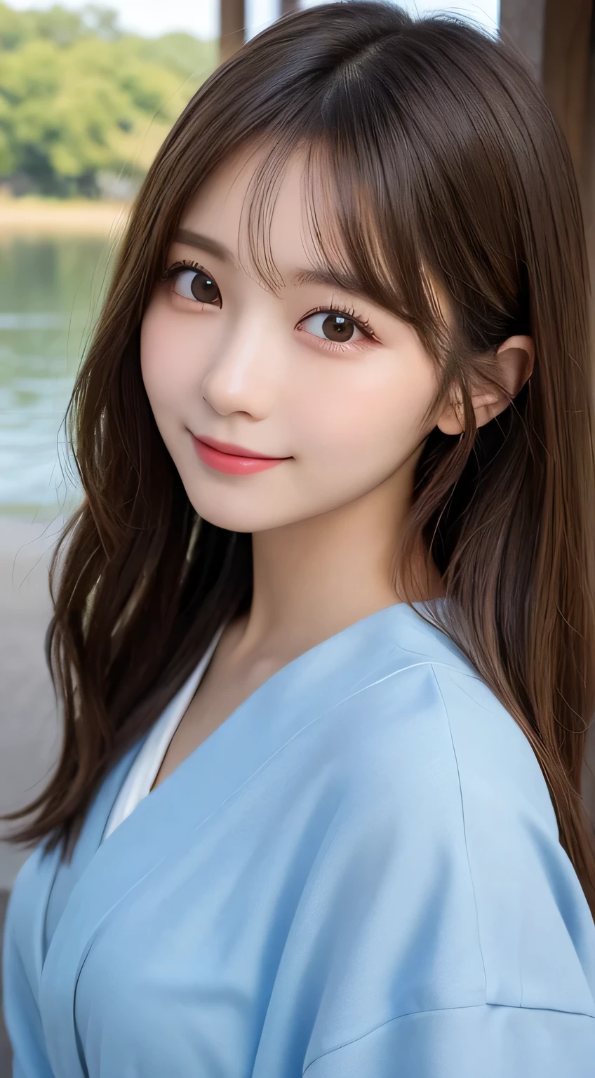 table top, highest quality, shape, Super detailed, finely, High resolution, 16k, perfect dynamic composition, straight hair, medium hair, brown hair,natural color lip, smile, 20歳のgirl、cute、beautiful、完璧でbeautiful顔, beautiful and detailed face, slim face and body, Elegant face, KPOP idol face、Japanese idol faces、small face、Big eyes, brown eyes, droopy eyes, 緻密でbeautiful目, girl, near the river、yukata、 front face、Upper body