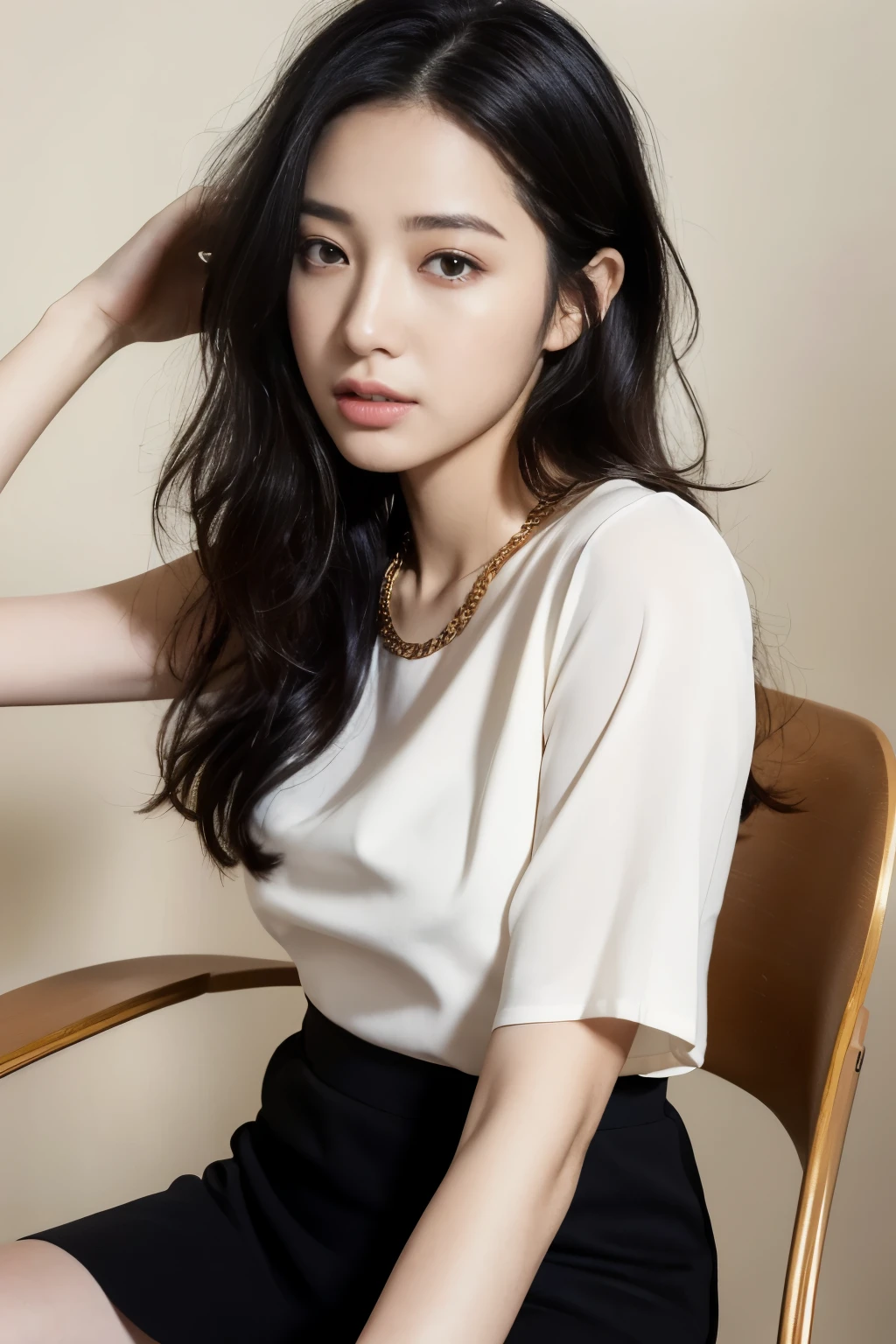 (masterpiece: 1.3), (8k, realistic, RAW photo, highest quality: 1.4), (1 girl), shallow depth of field, the face is in focus, soft focus, beautiful face, (Backlight: 1.5), (ambient: 1.3), (realistic face), (black hair, medium short: 1.3), loose wavy hair, hair blowing in the wind, The wind blows the back of my hair, short bangs, realistic eyes, dark brown pupils, student highlights, beautiful detailed eyes, (plenty of natural light), (realistic skin), beautiful skin, blouse, flare skirt, clock, thin gold chain necklace, thin gold chain bracelet, bag, Bright plain pale wall and sky background, absurd, Charm, 超High resolution, surreal, High resolution, golden ratio, whole body while walking, Gesture of combing hair with hands, sitting in a chair