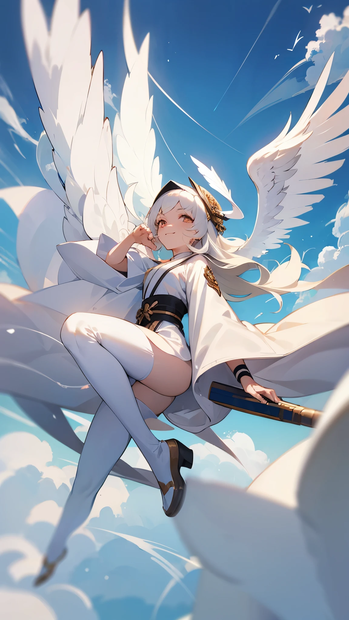 1female , medium-length Hair ,white Hair , white Robes , Unique Martial Arts Clothing ,adult female,muscular, white Eyes , white Turban , Angel Wings , Perfect Generation, wings, clear face, smiling,clouds, flying in air